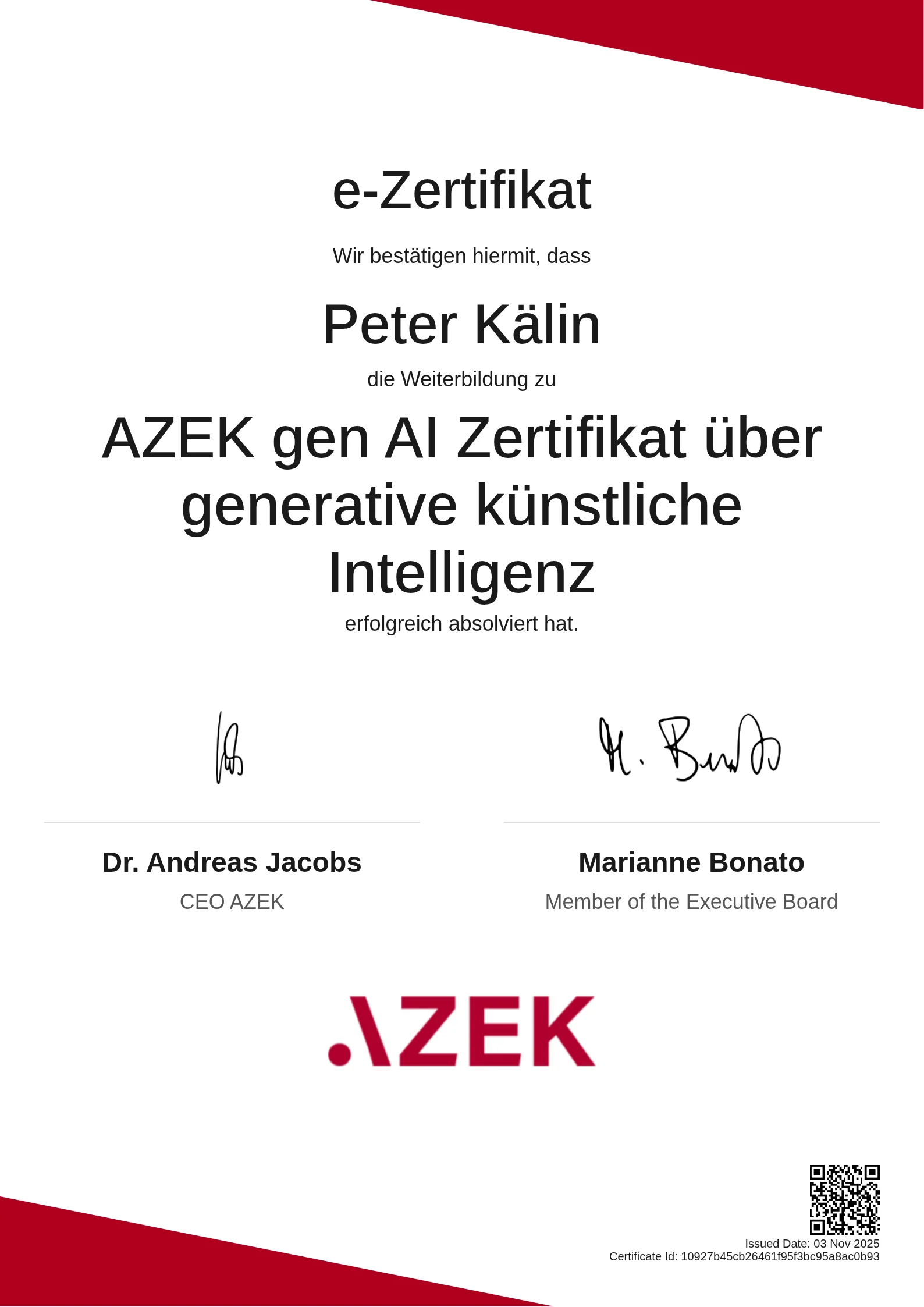 Peter Kälin | AZEK gen AI Zertifikat über generative künstliche Intelligenz