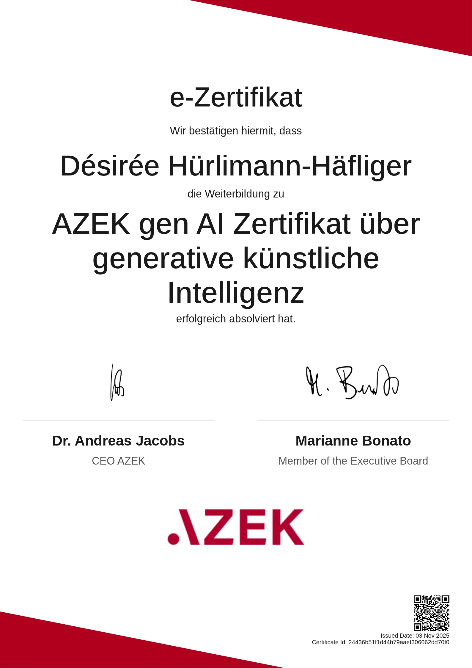 Désirée Hürlimann-Häfliger | AZEK gen AI Zertifikat über generative künstliche Intelligenz