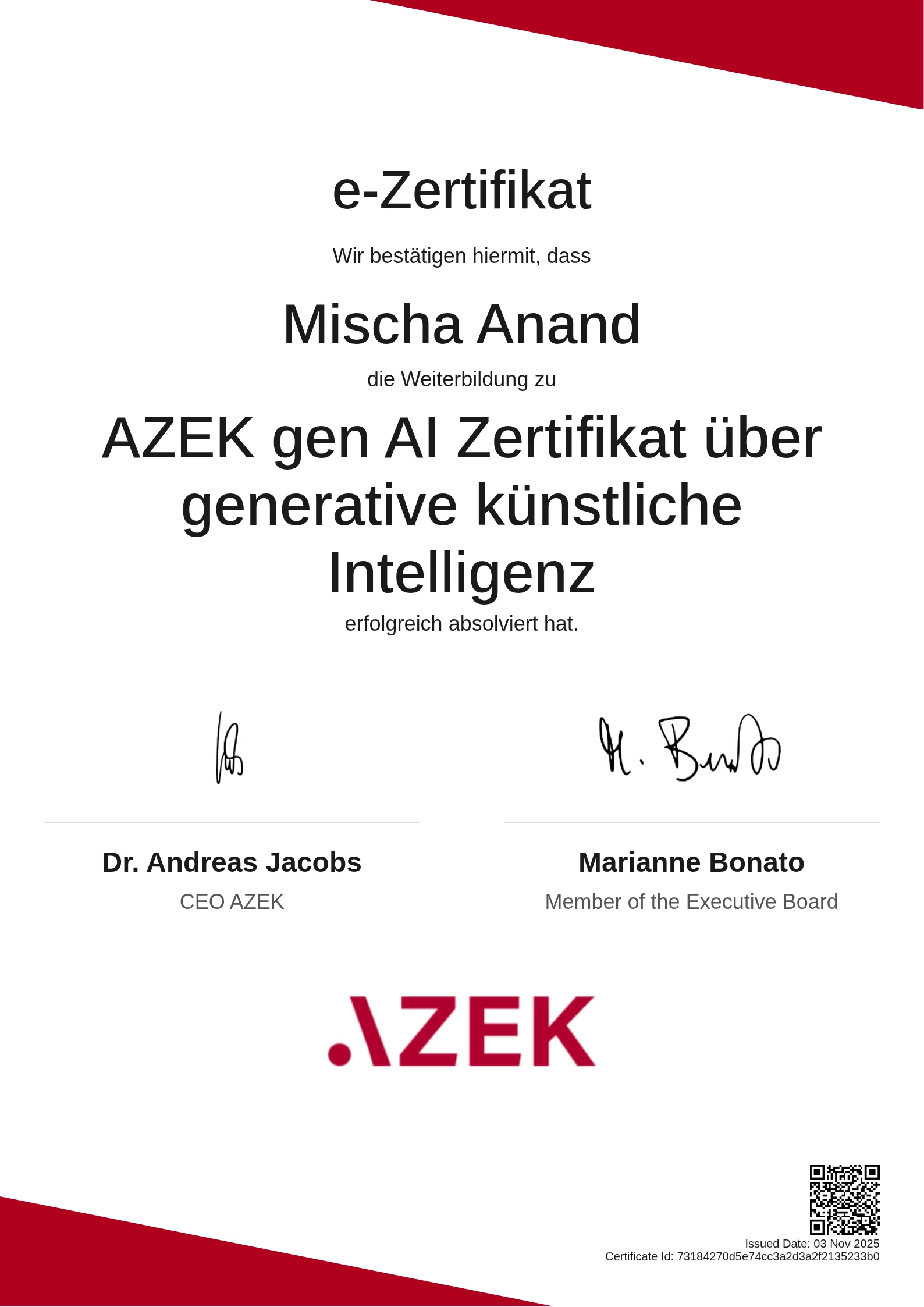 Mischa Anand | AZEK gen AI Zertifikat über generative künstliche Intelligenz