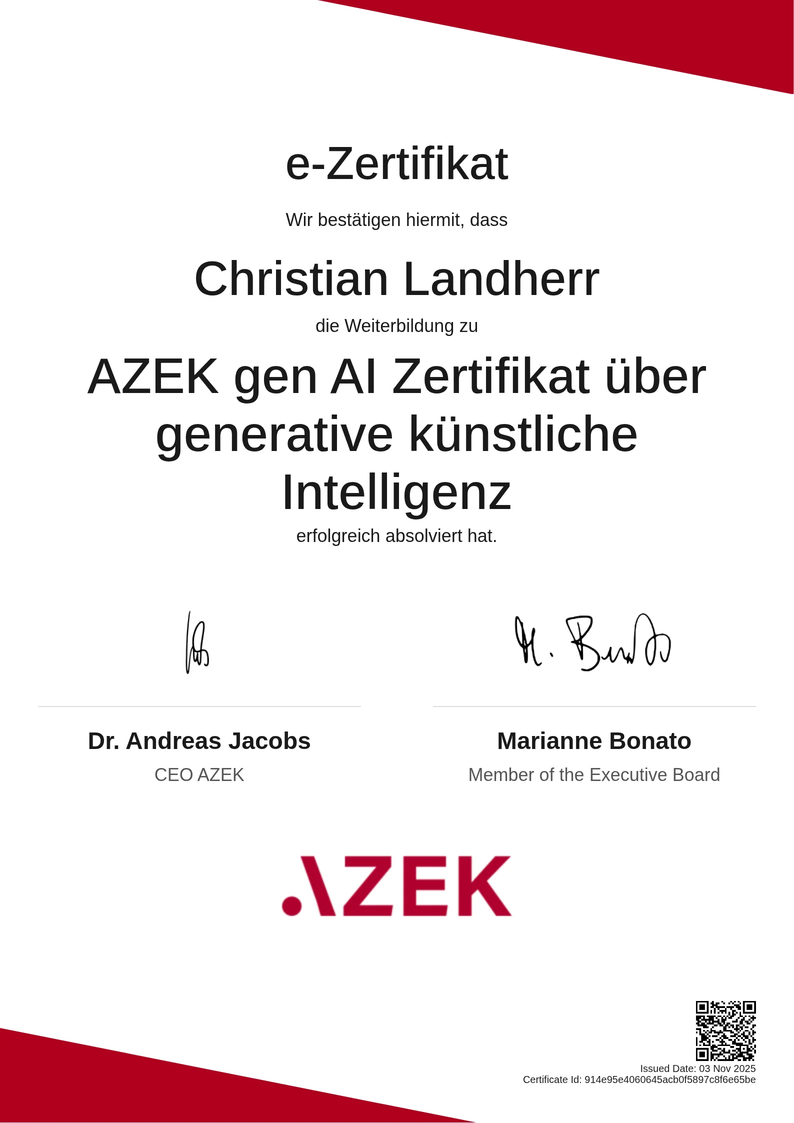 Christian Landherr | AZEK gen AI Zertifikat über generative künstliche Intelligenz