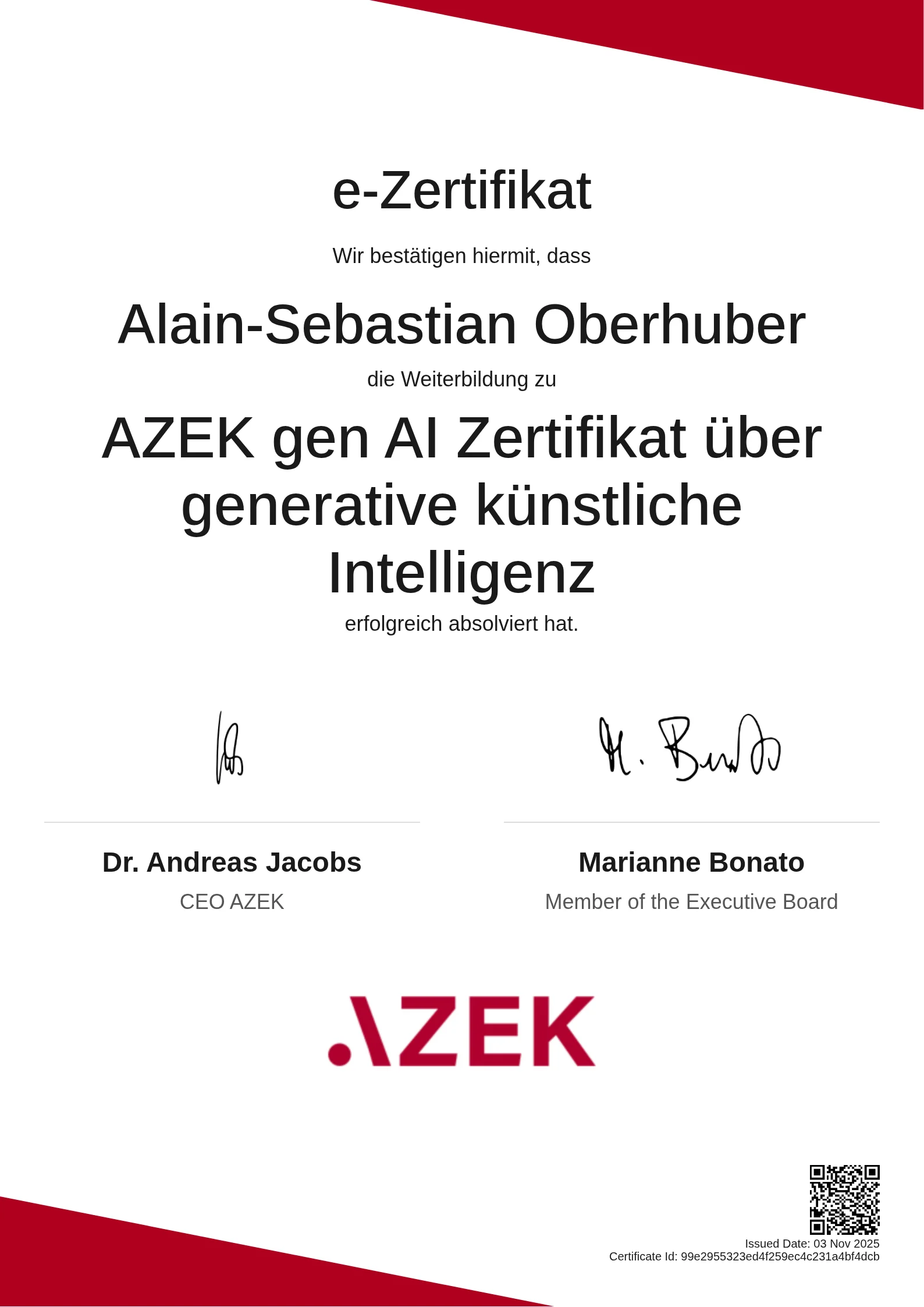 Alain-Sebastian Oberhuber | AZEK gen AI Zertifikat über generative künstliche Intelligenz