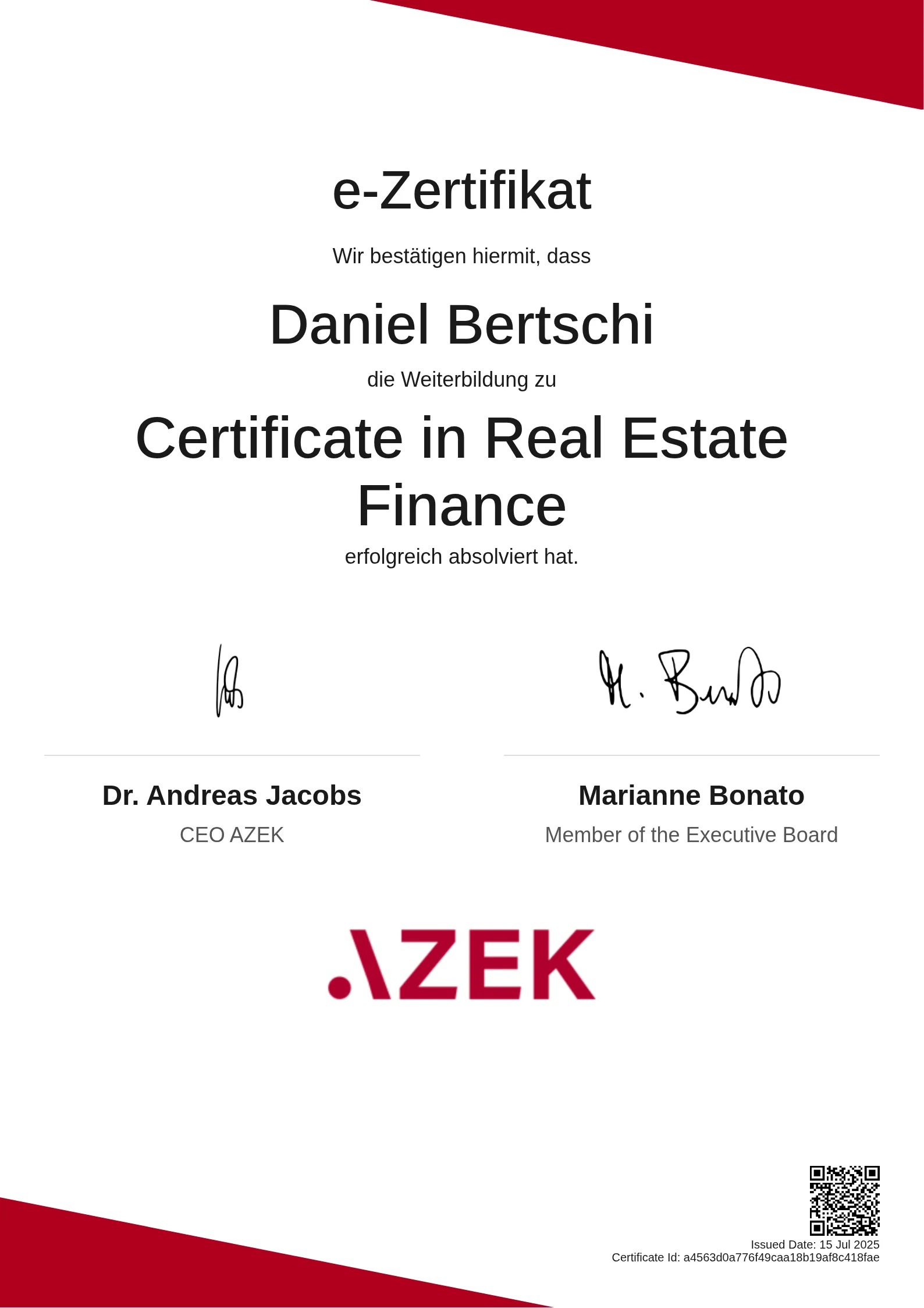Daniel Bertschi | Certificate in Real Estate Finance