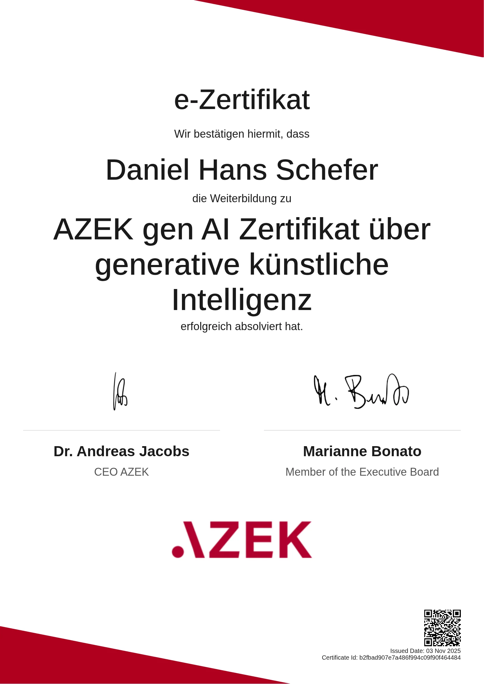 Daniel Hans Schefer | AZEK gen AI Zertifikat über generative künstliche Intelligenz