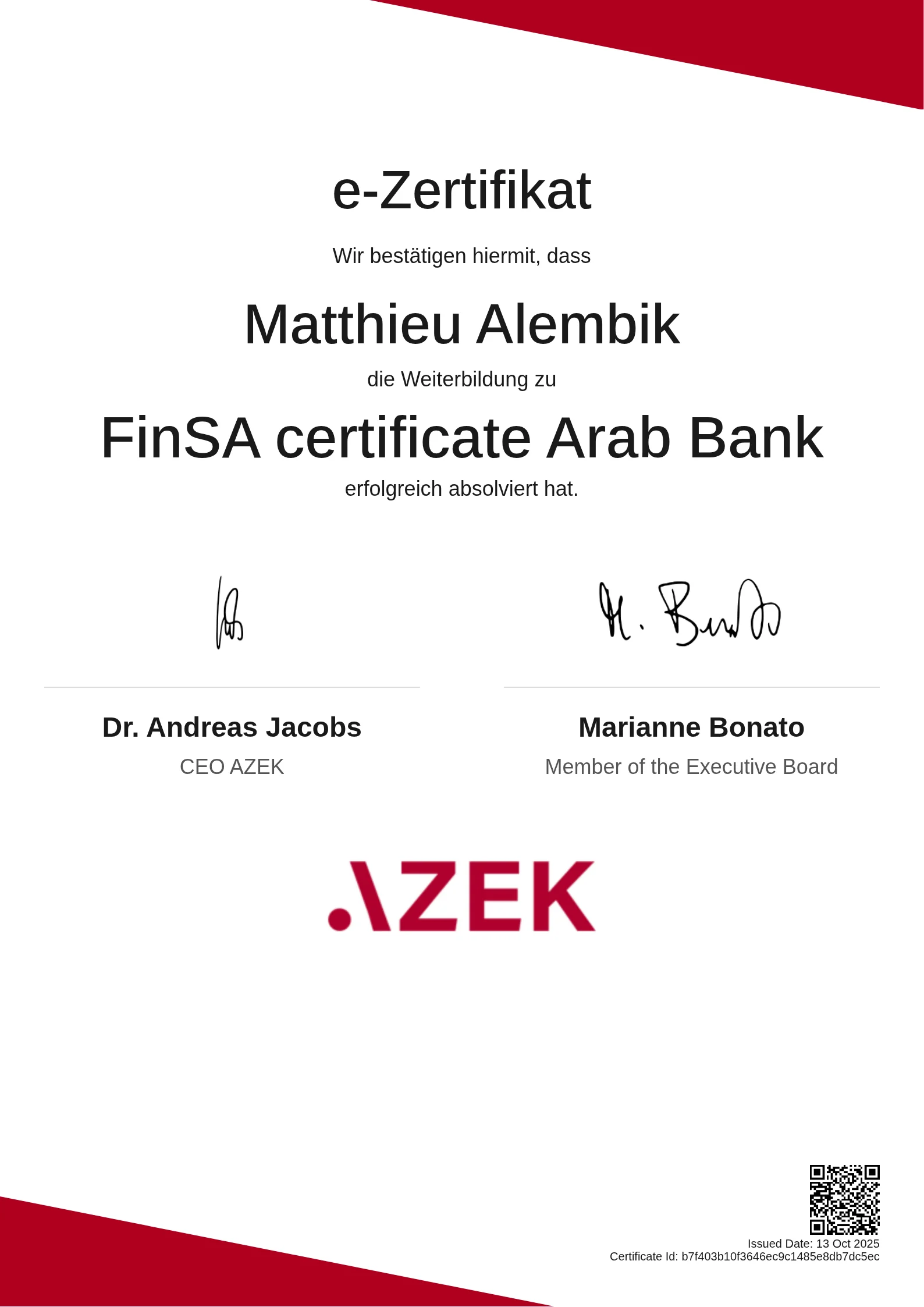 Matthieu Alembik | FinSA certificate Arab Bank