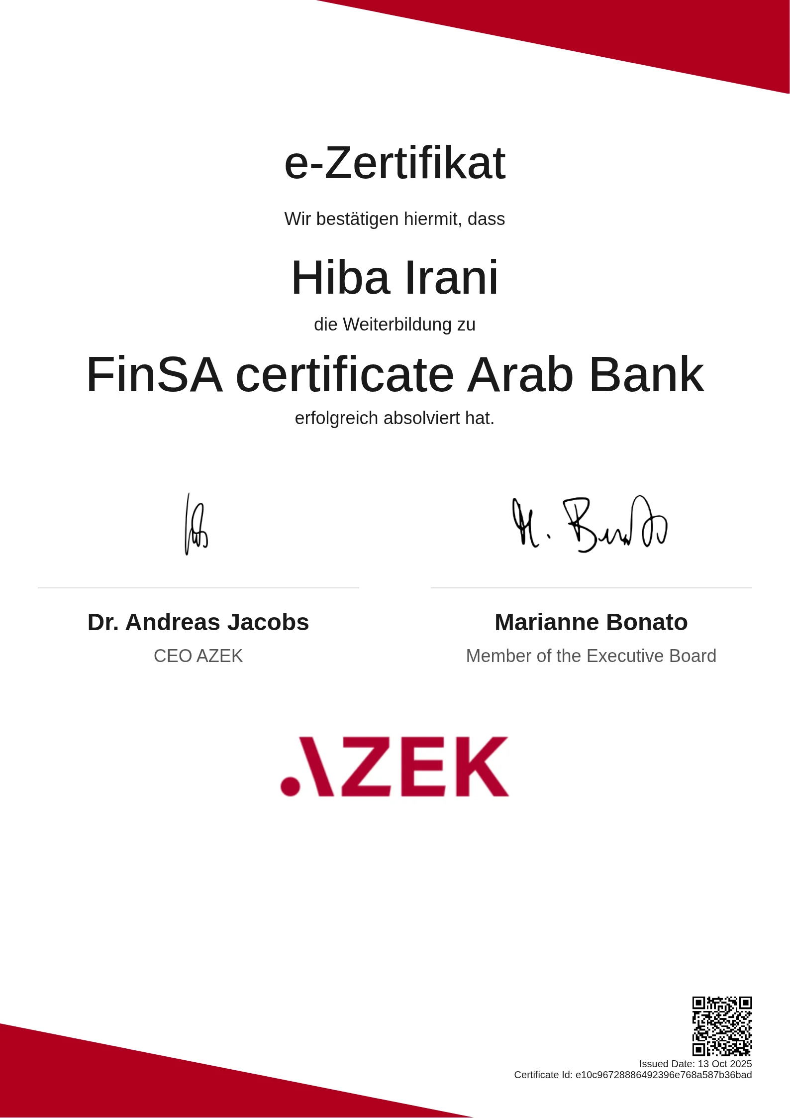 Hiba Irani | FinSA certificate Arab Bank
