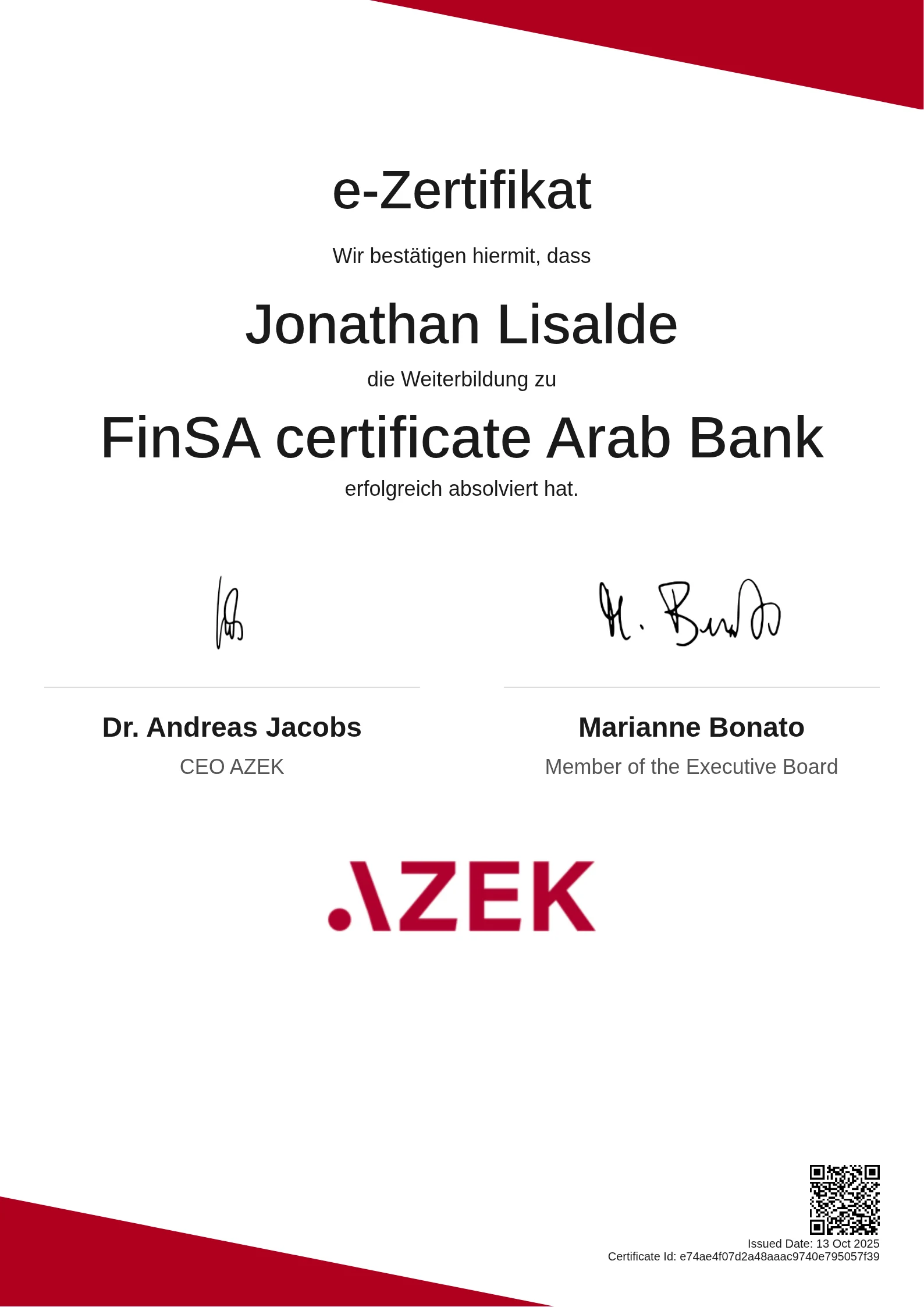 Jonathan Lisalde | FinSA certificate Arab Bank