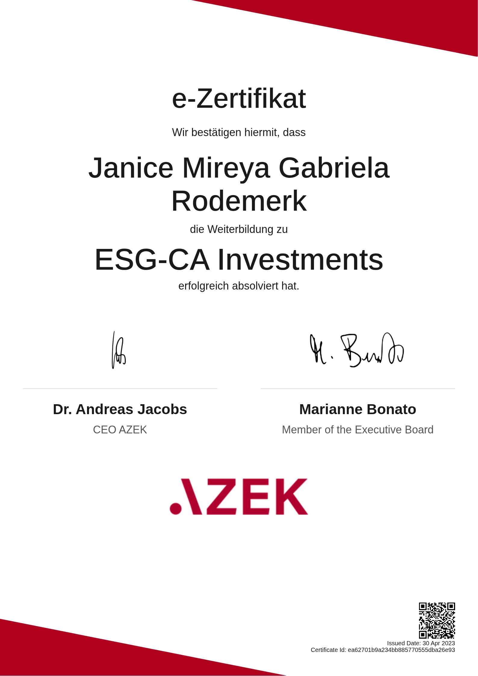 Janice Mireya Gabriela Rodemerk | ESG-CA Investments