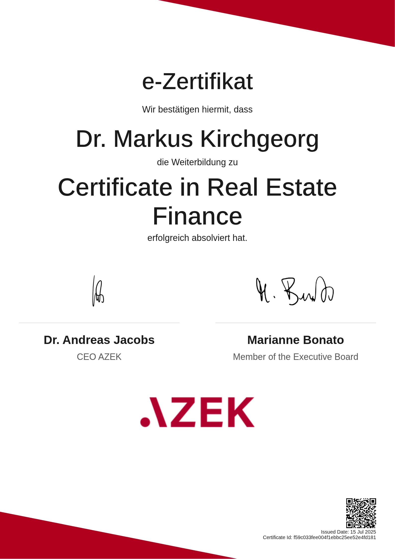 Dr. Markus Kirchgeorg | Certificate in Real Estate Finance