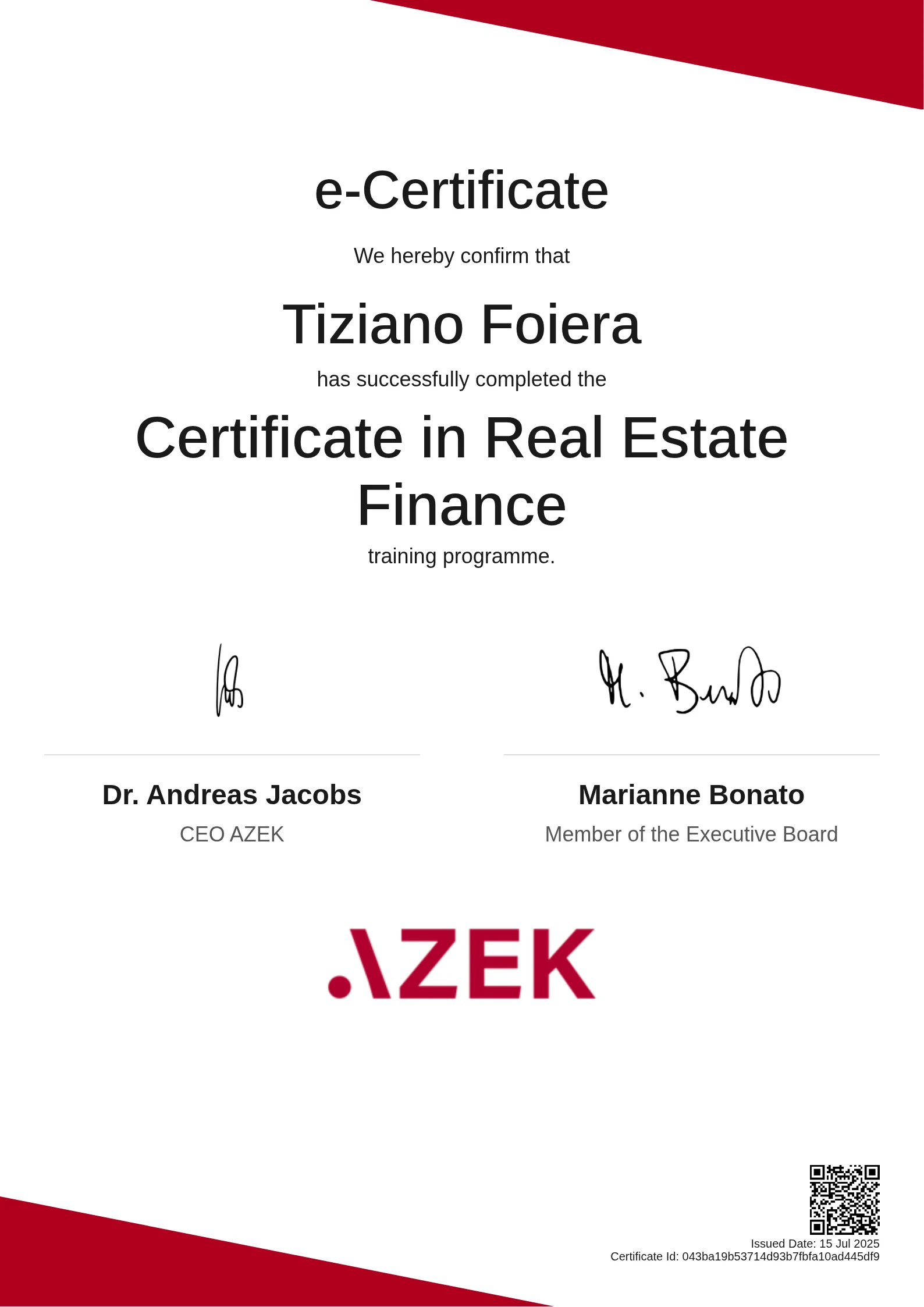  Tiziano Foiera | Certificate in Real Estate Finance