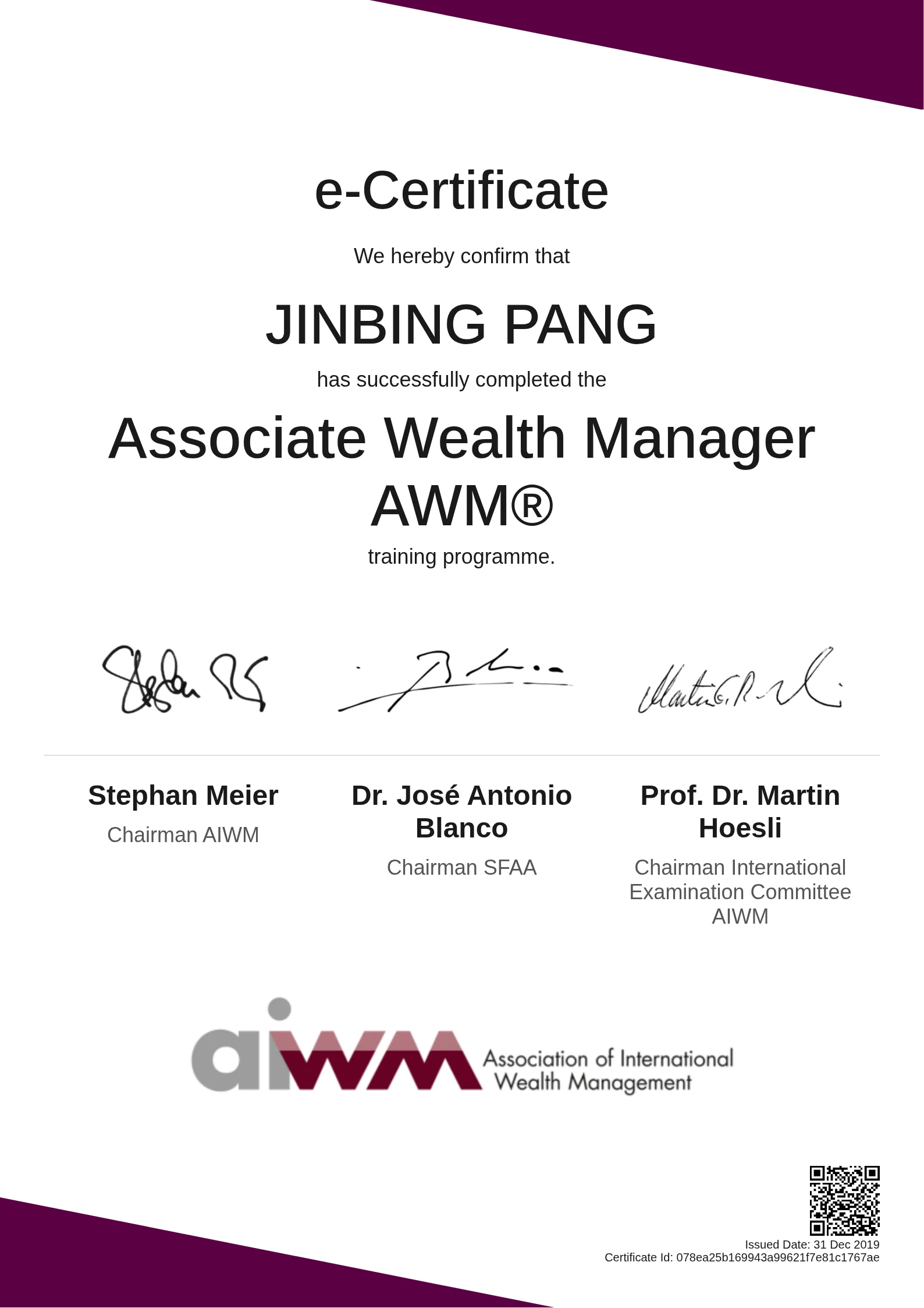  JINBING PANG | Associate Wealth Manager AWM®