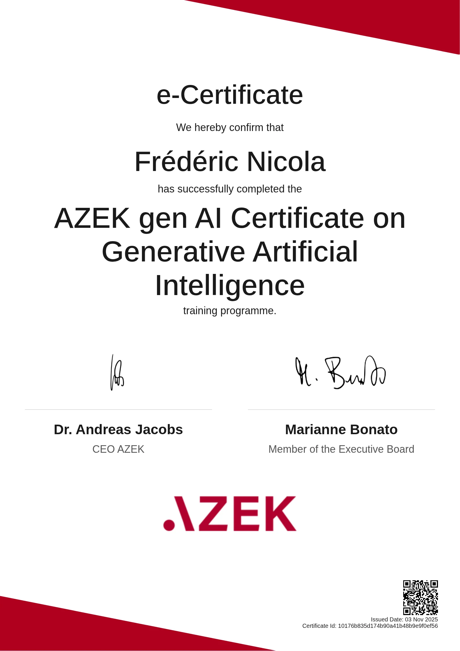 Frédéric Nicola | AZEK gen AI Certificate on Generative Artificial Intelligence