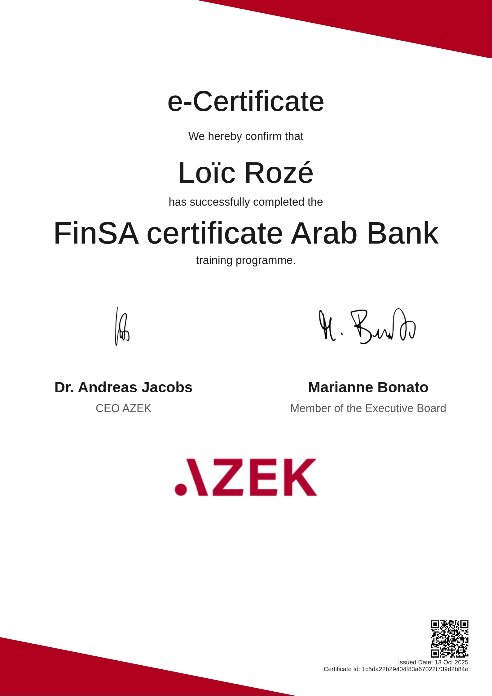 Loïc Rozé | FinSA certificate Arab Bank