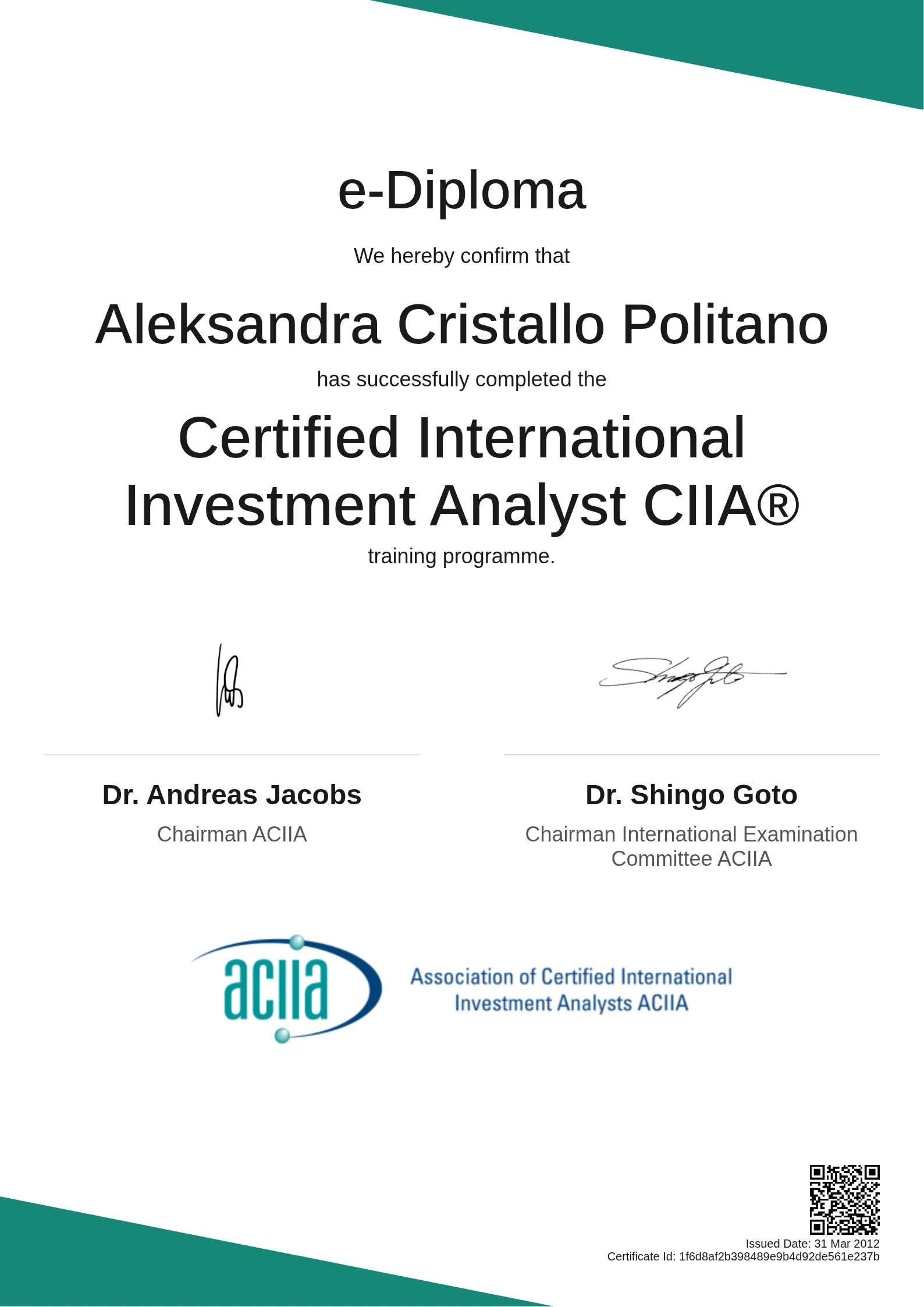  Aleksandra Cristallo Politano | Certified International Investment Analyst CIIA®