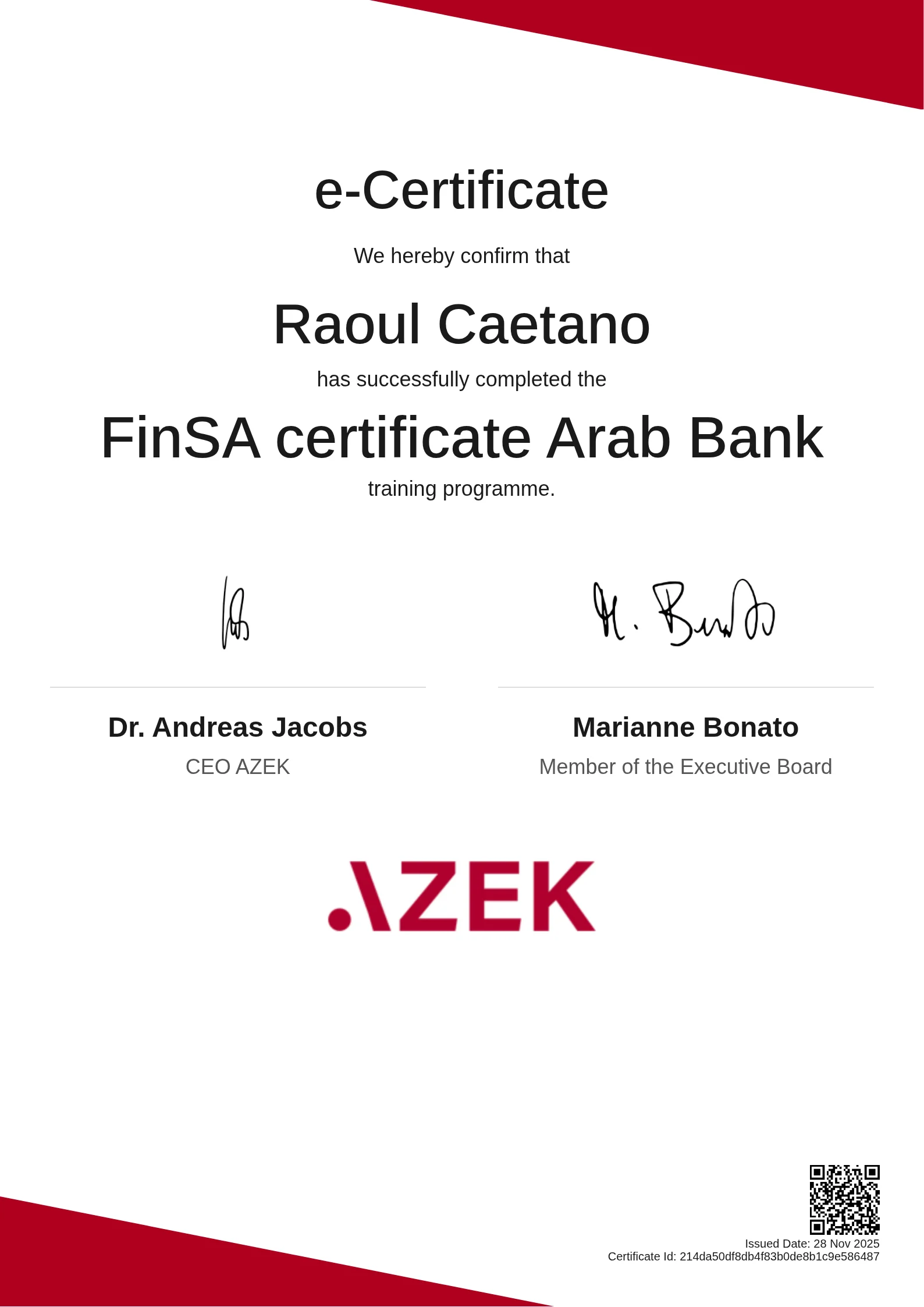 Raoul Caetano | FinSA certificate Arab Bank
