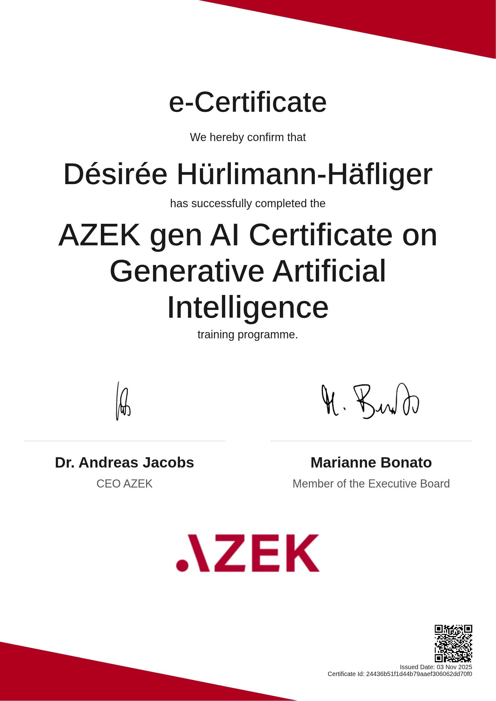 Désirée Hürlimann-Häfliger | AZEK gen AI Certificate on Generative Artificial Intelligence