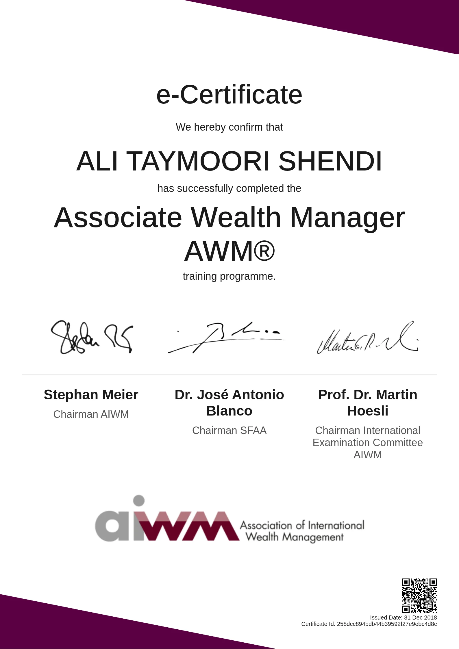  ALI TAYMOORI SHENDI | Associate Wealth Manager AWM®