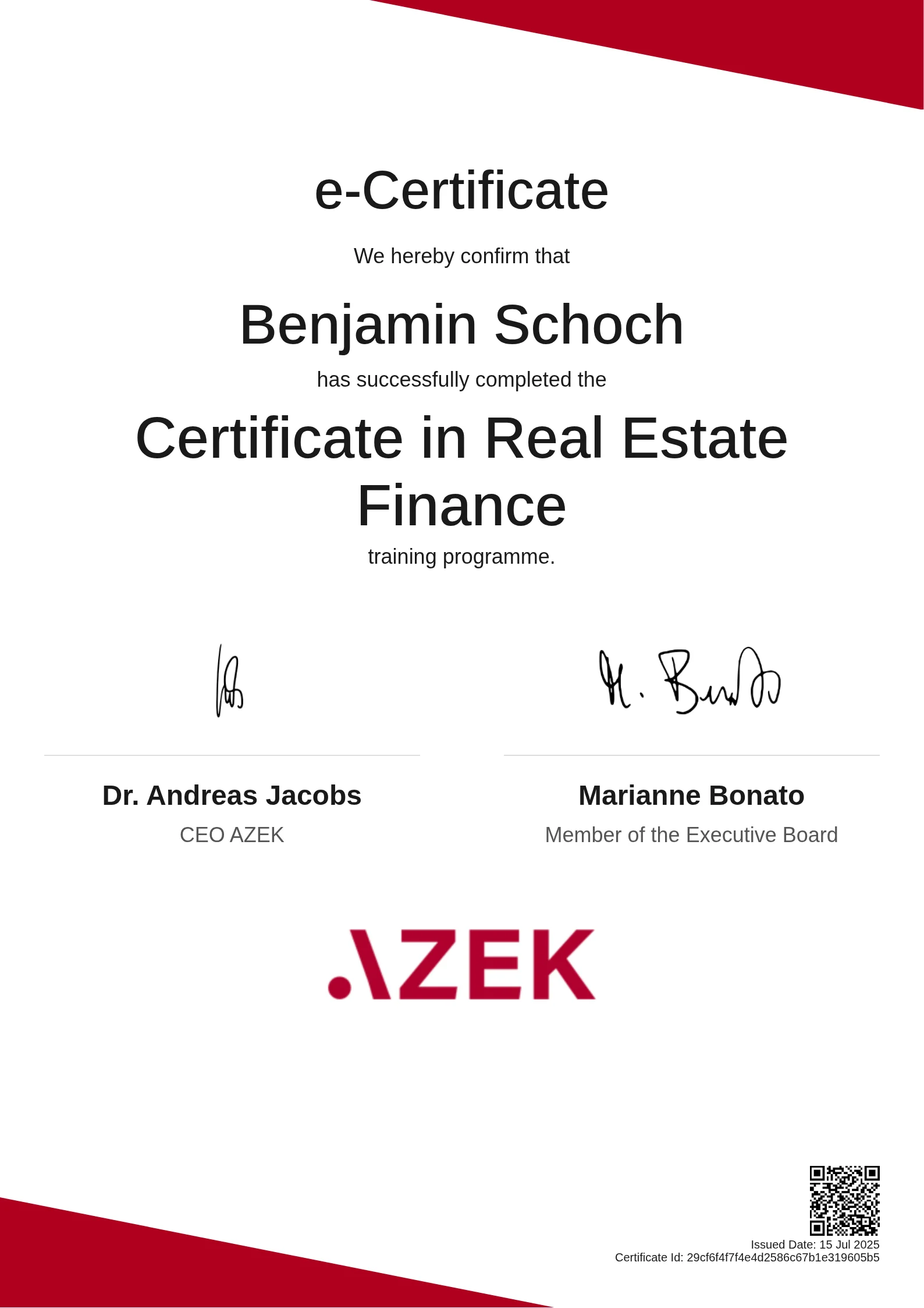  Benjamin Schoch | Certificate in Real Estate Finance