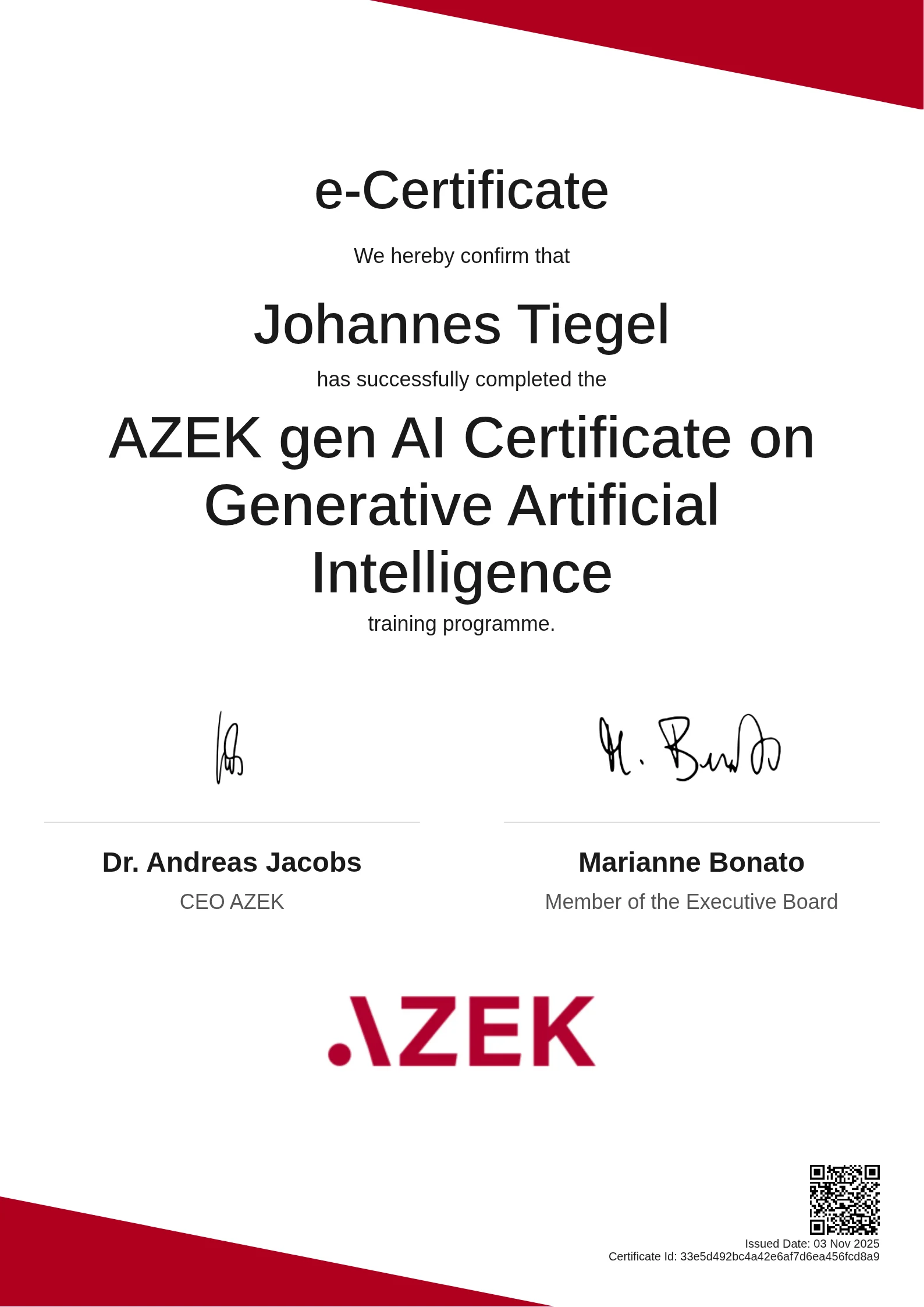 Johannes Tiegel | AZEK gen AI Certificate on Generative Artificial Intelligence
