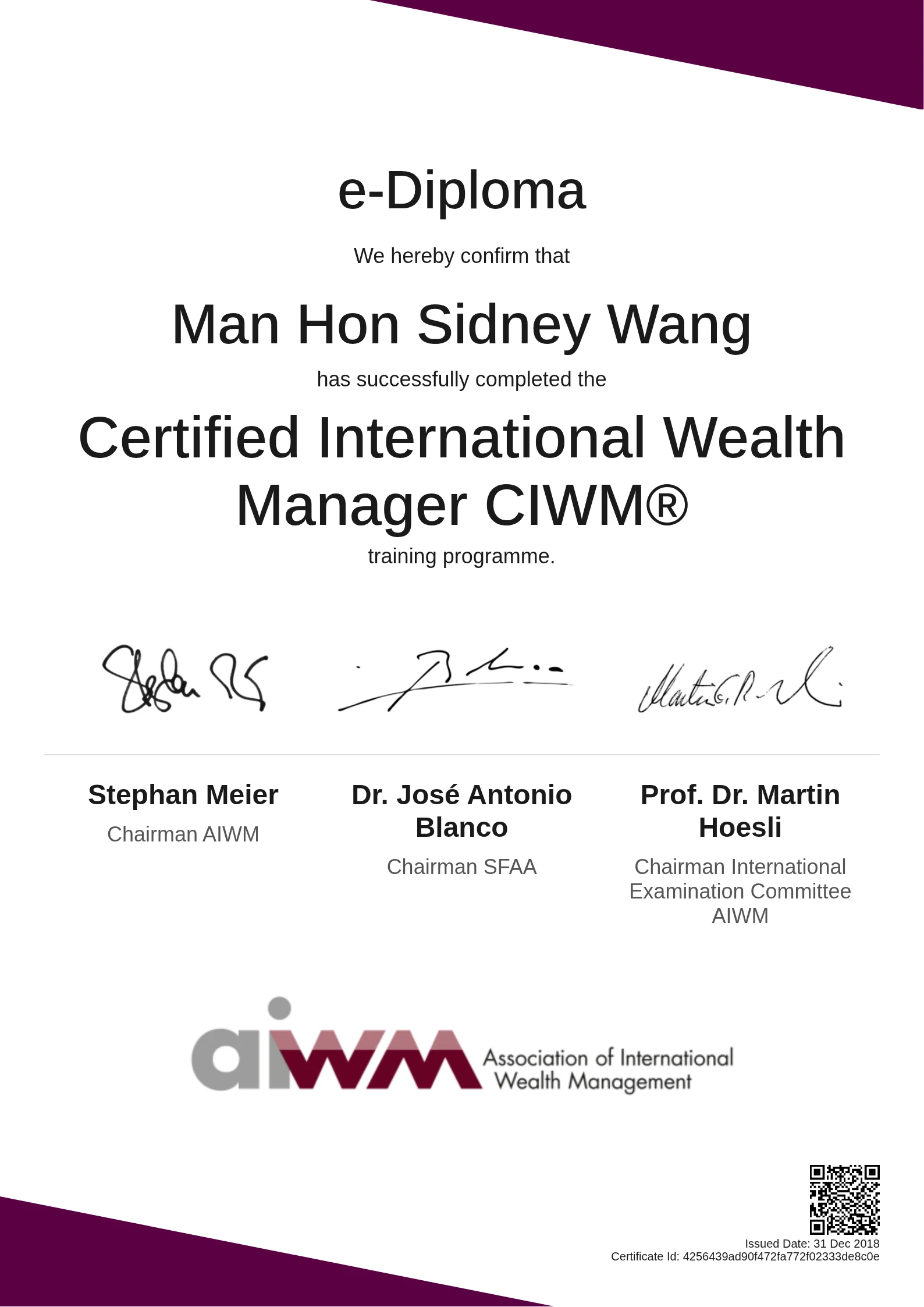  Man Hon Sidney Wang | Certified International Wealth Manager CIWM®