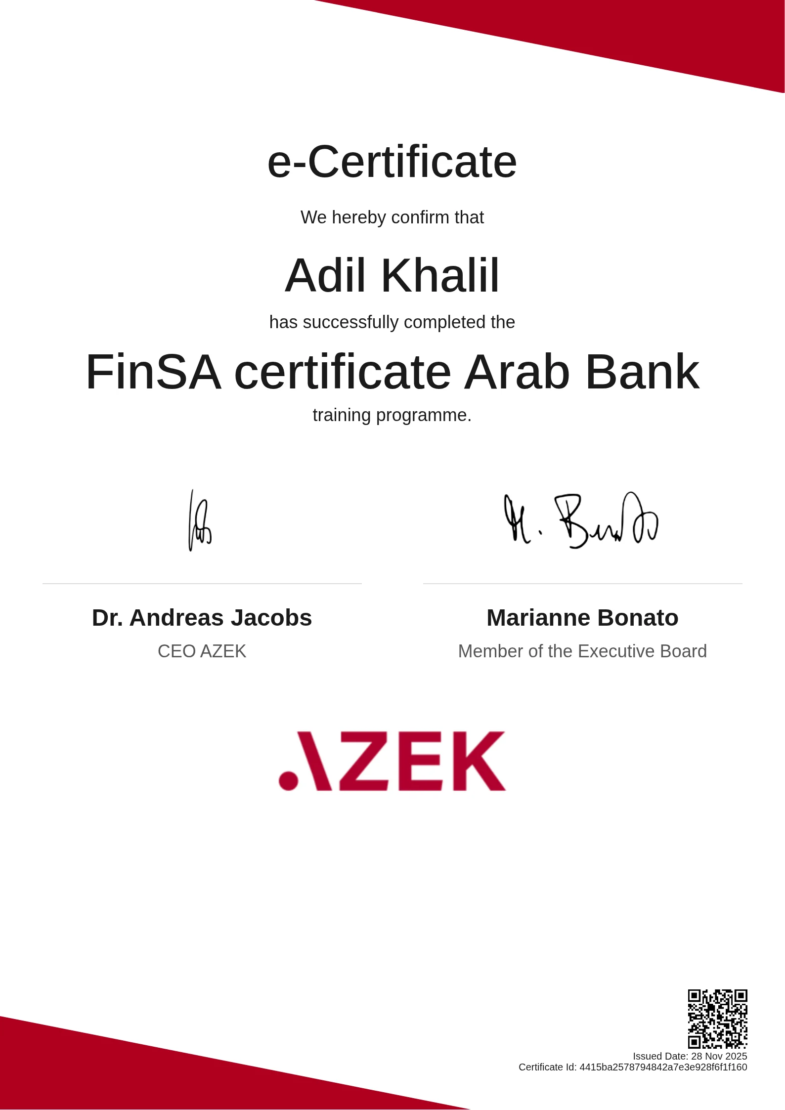 Adil Khalil | FinSA certificate Arab Bank