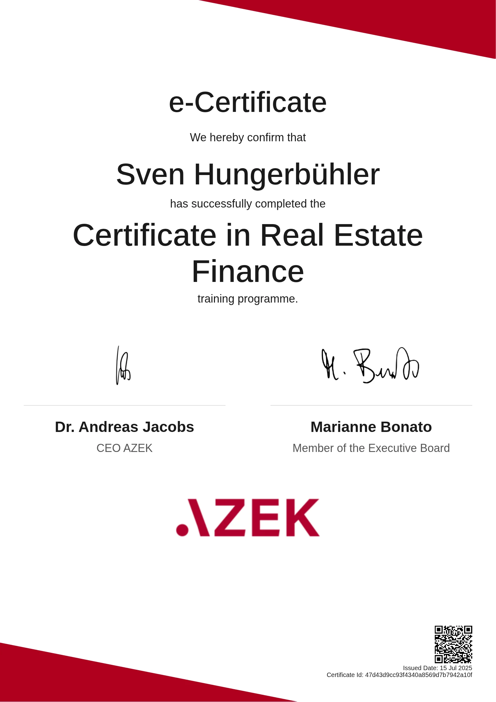  Sven Hungerbühler | Certificate in Real Estate Finance