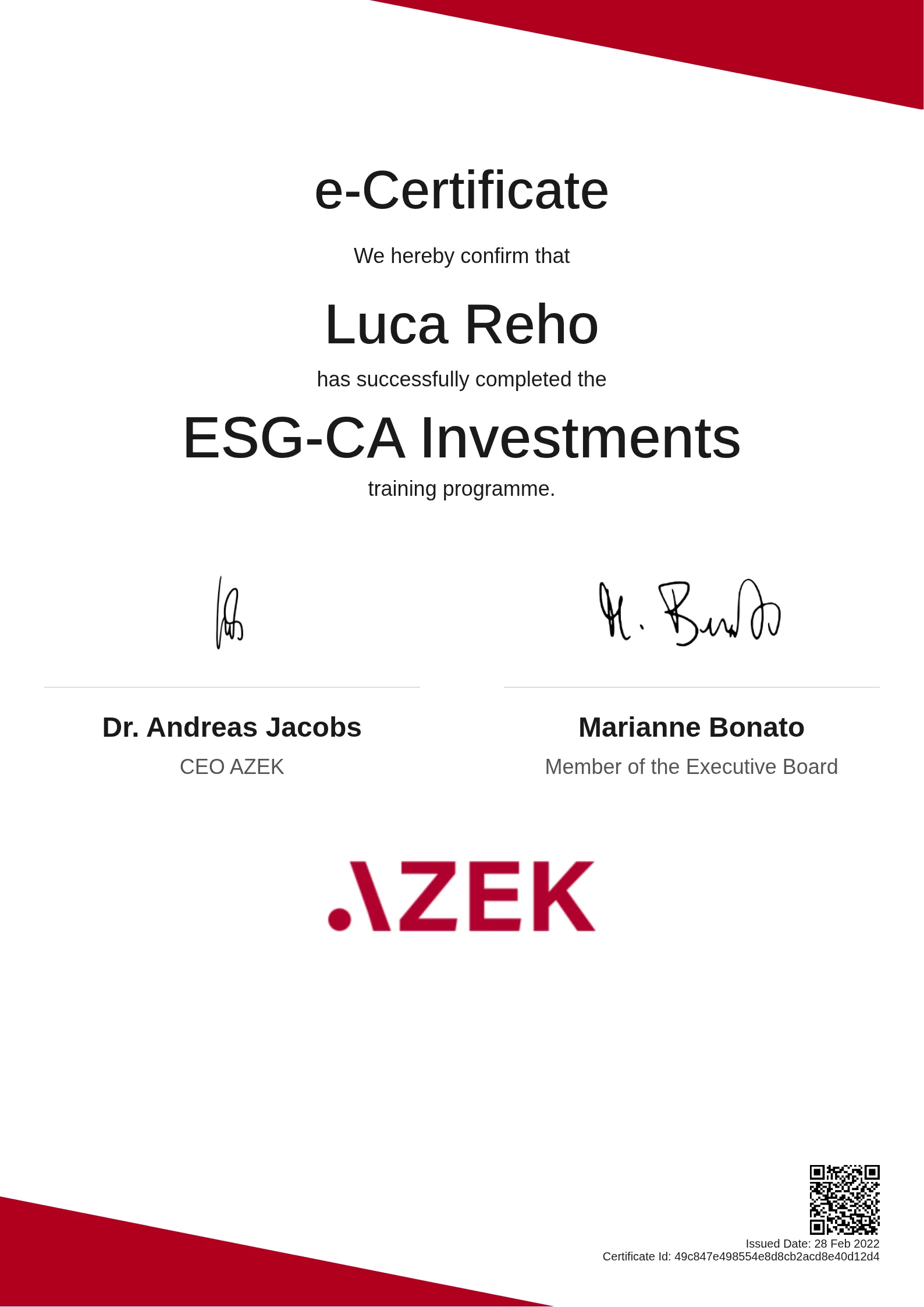  Luca Reho | ESG-CA Investments