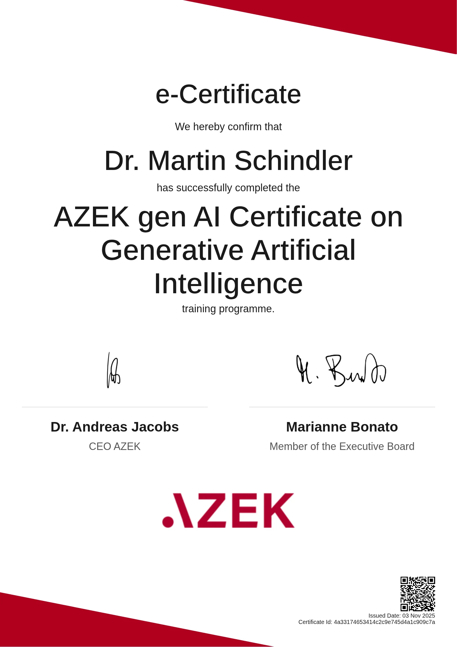 Dr. Martin Schindler | AZEK gen AI Certificate on Generative Artificial Intelligence