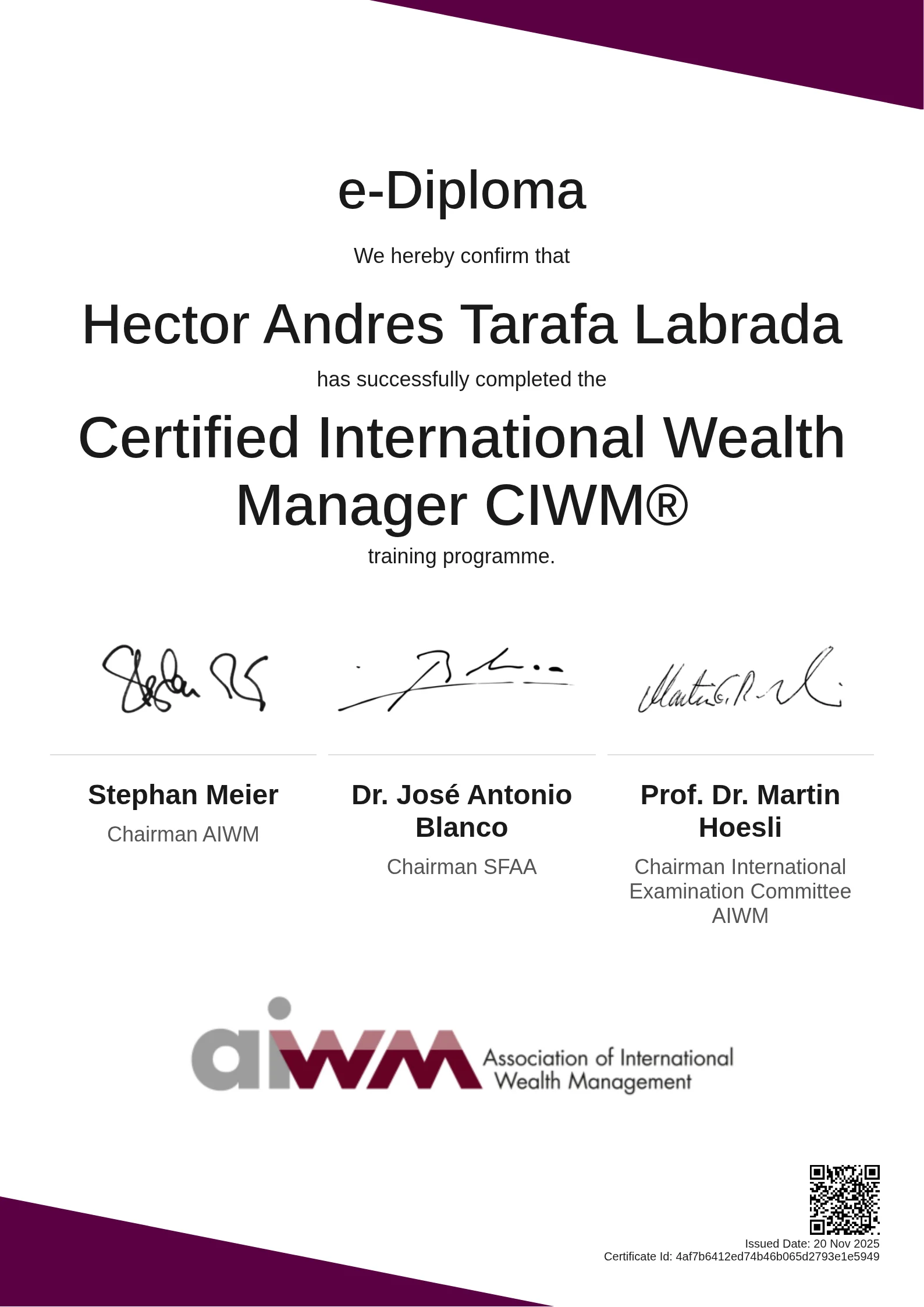 Hector Andres Tarafa Labrada | Certified International Wealth Manager CIWM®