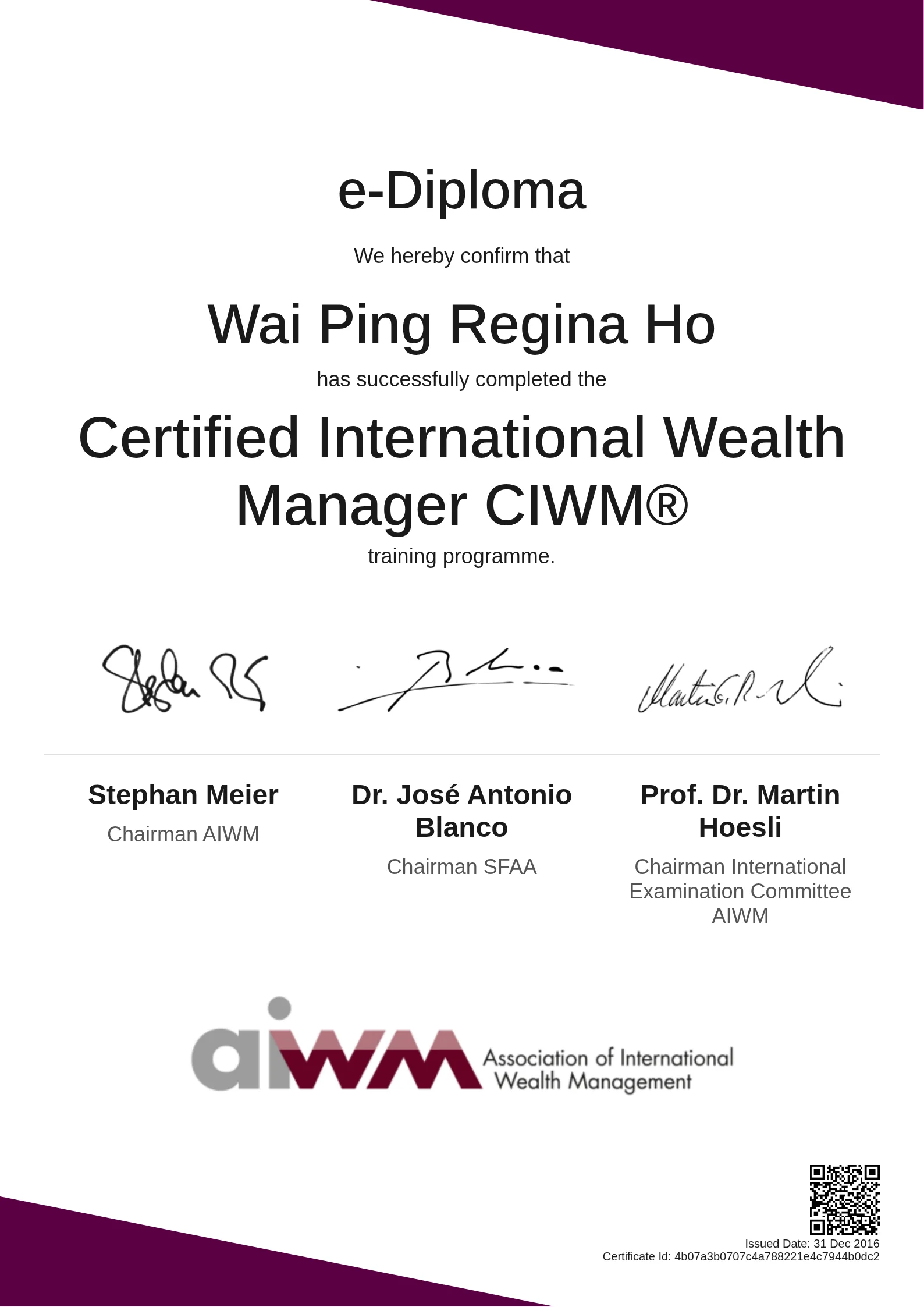  Wai Ping Regina Ho | Certified International Wealth Manager CIWM®
