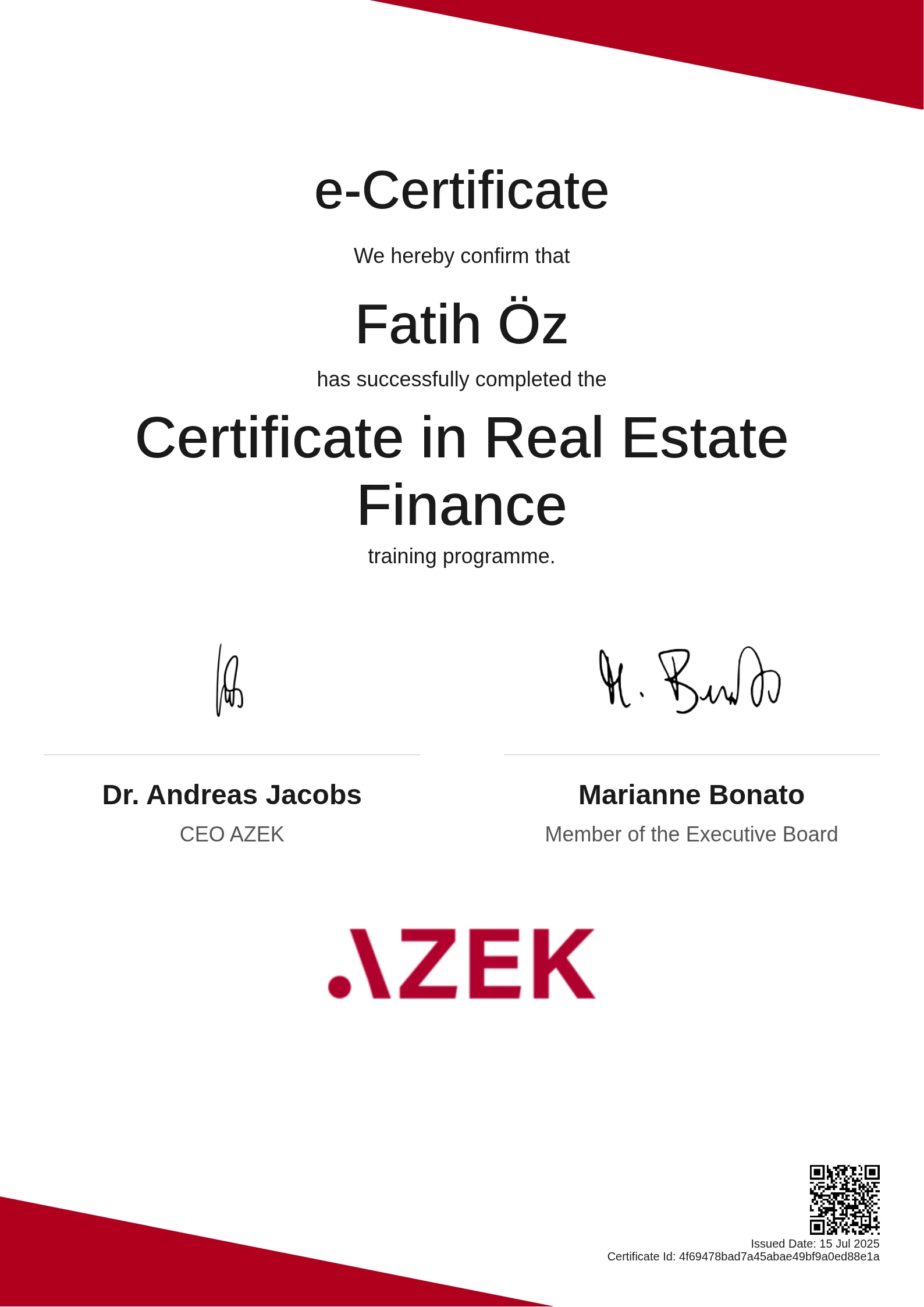  Fatih Öz | Certificate in Real Estate Finance