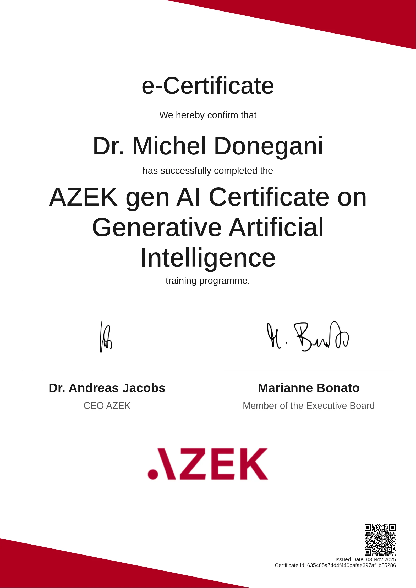 Dr. Michel Donegani | AZEK gen AI Certificate on Generative Artificial Intelligence