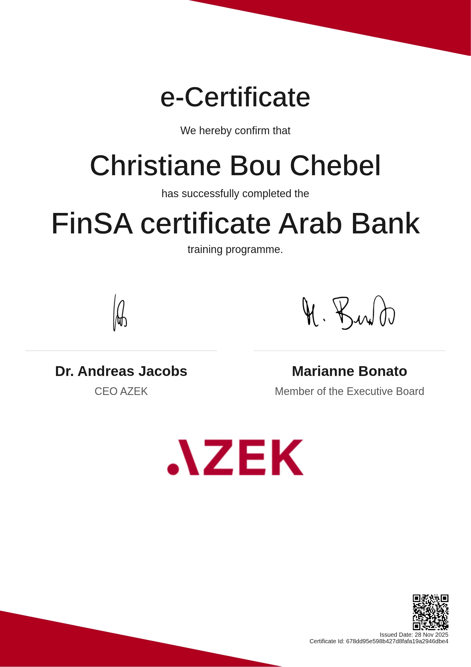 Christiane Bou Chebel | FinSA certificate Arab Bank