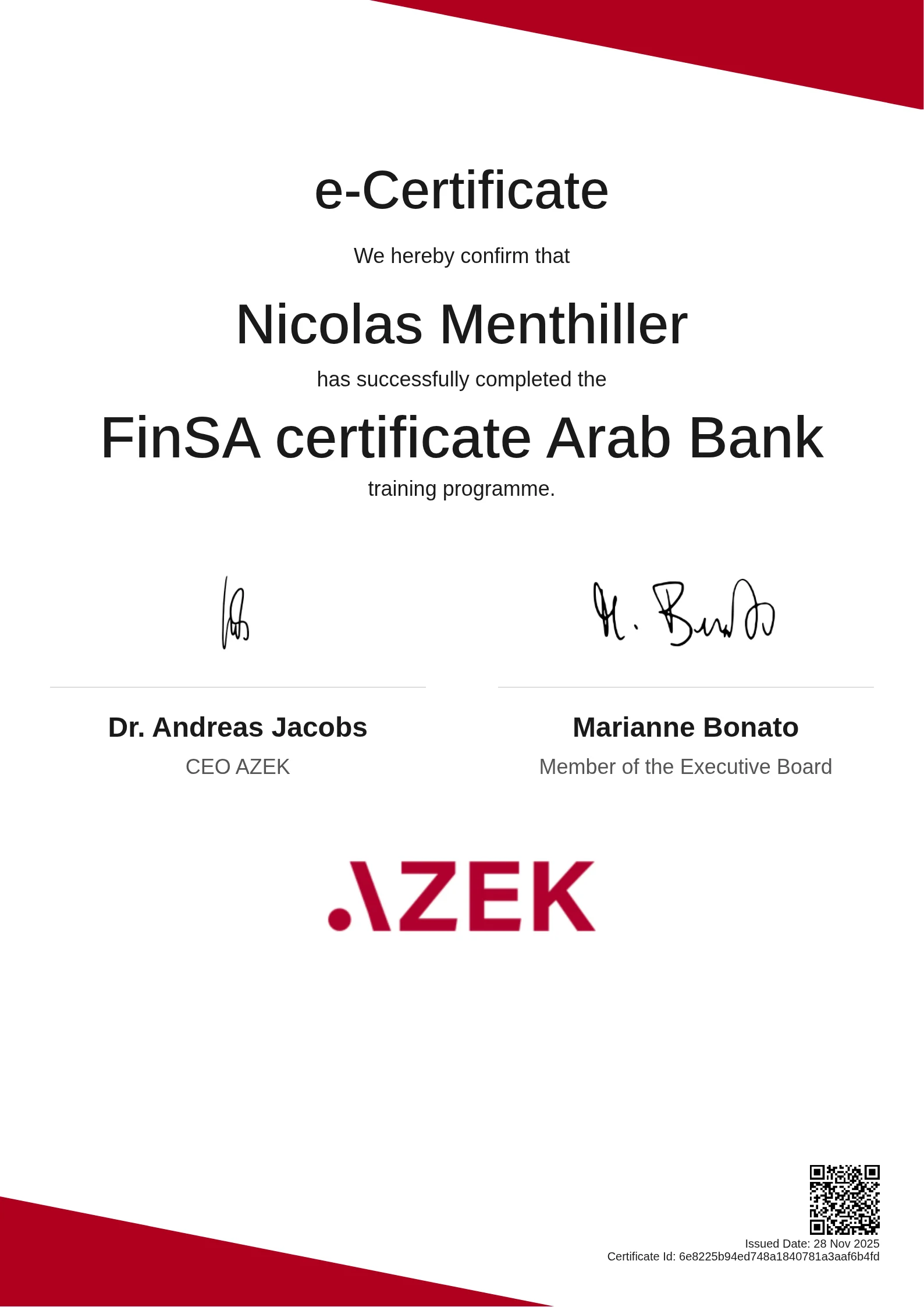 Nicolas Menthiller | FinSA certificate Arab Bank