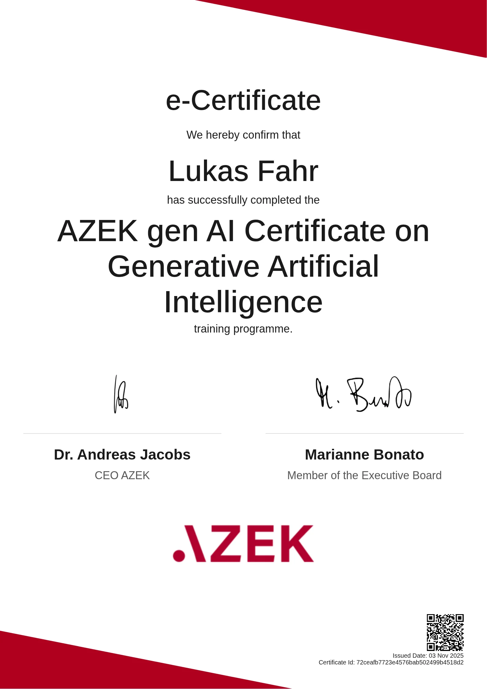 Lukas Fahr | AZEK gen AI Certificate on Generative Artificial Intelligence