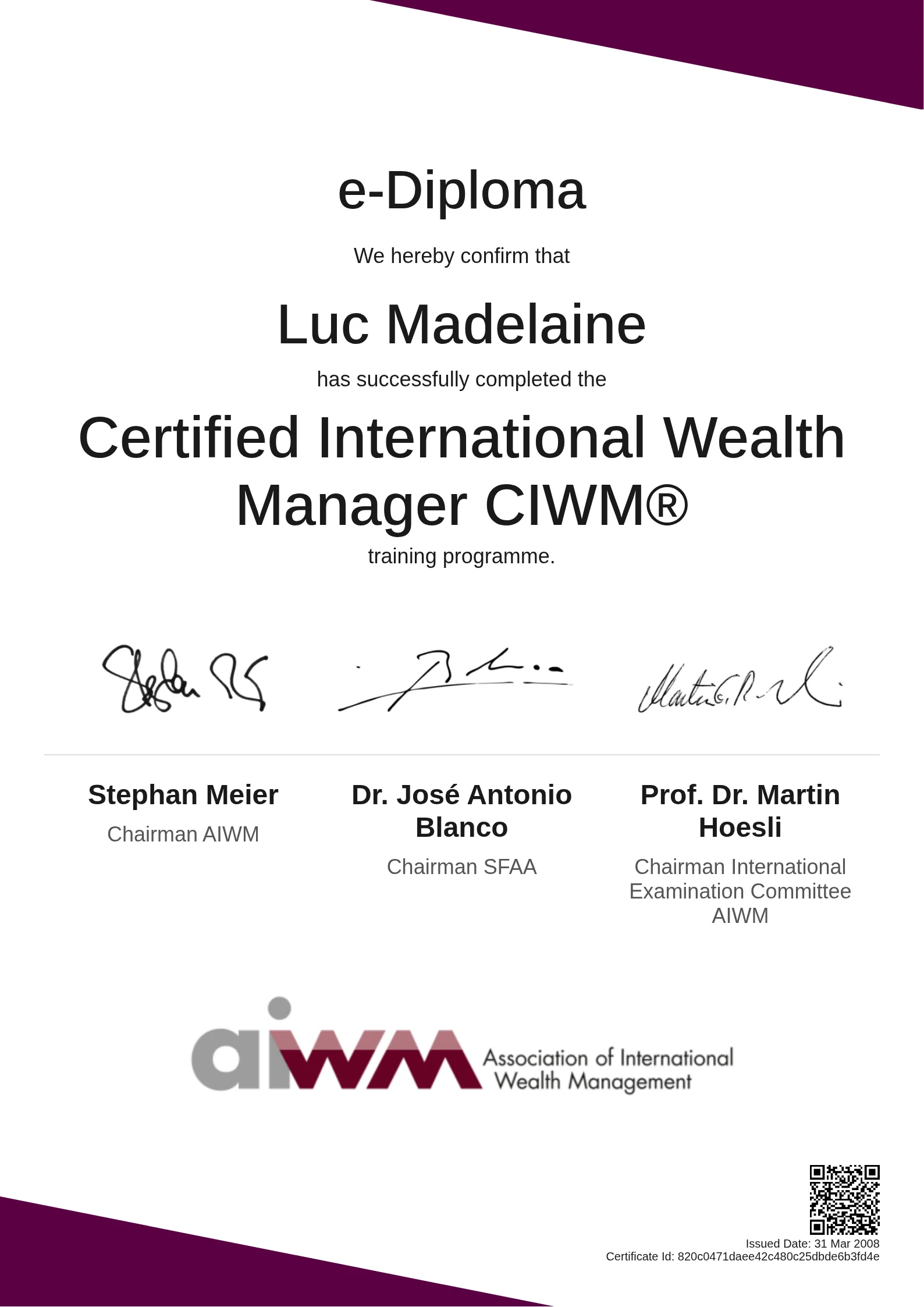  Luc Madelaine | Certified International Wealth Manager CIWM®
