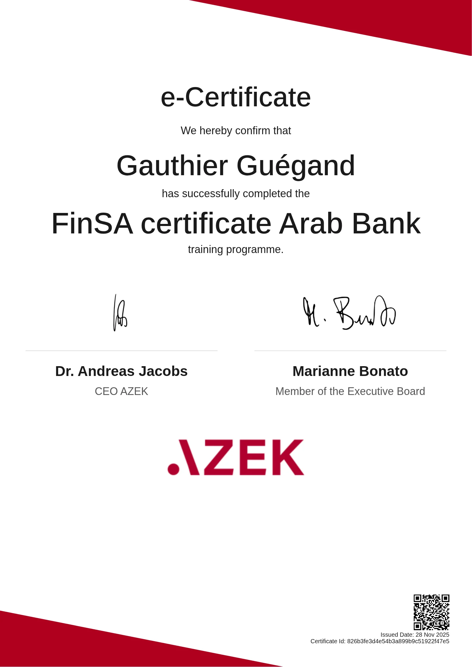 Gauthier Guégand | FinSA certificate Arab Bank