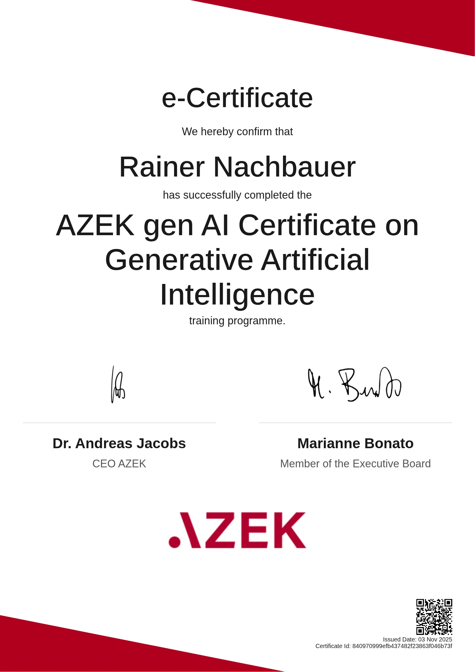 Rainer Nachbauer | AZEK gen AI Certificate on Generative Artificial Intelligence