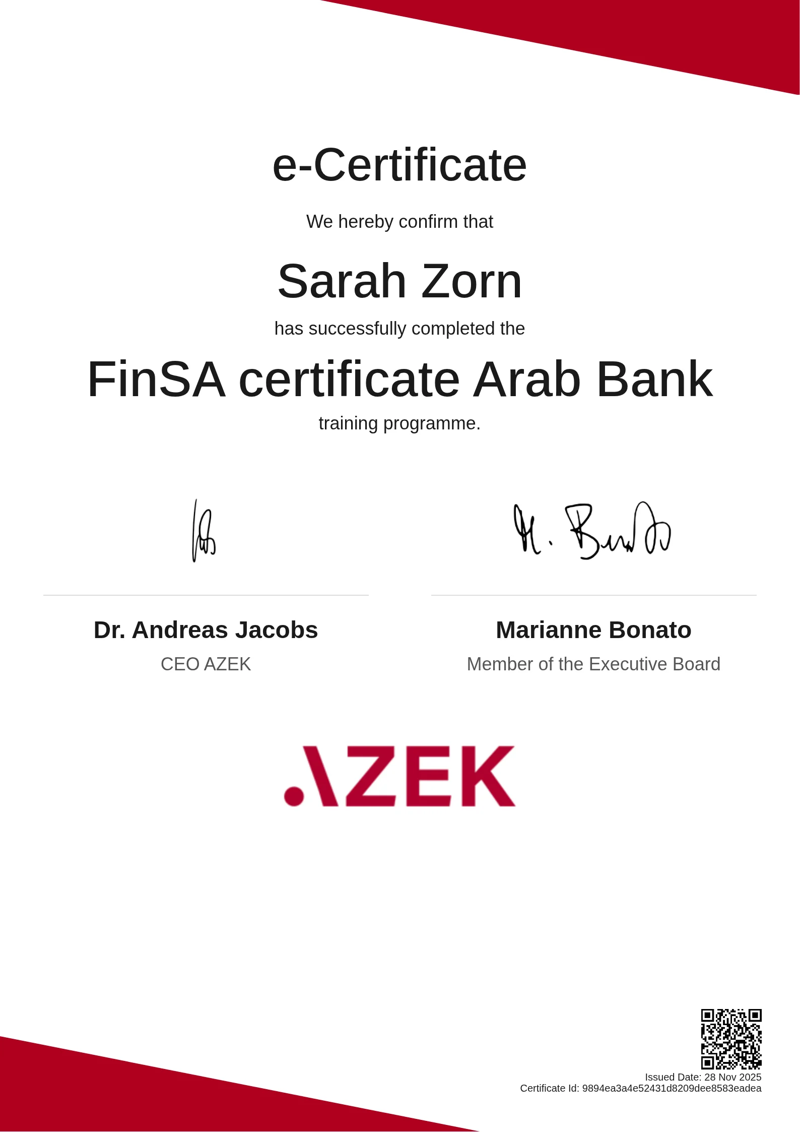 Sarah Zorn | FinSA certificate Arab Bank