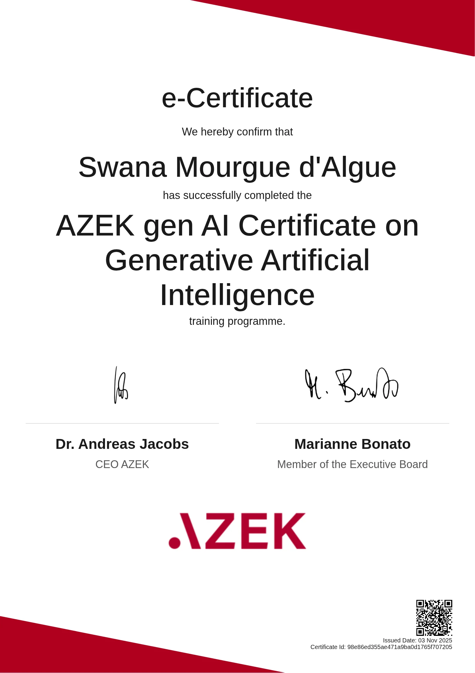 Swana Mourgue d'Algue | AZEK gen AI Certificate on Generative Artificial Intelligence