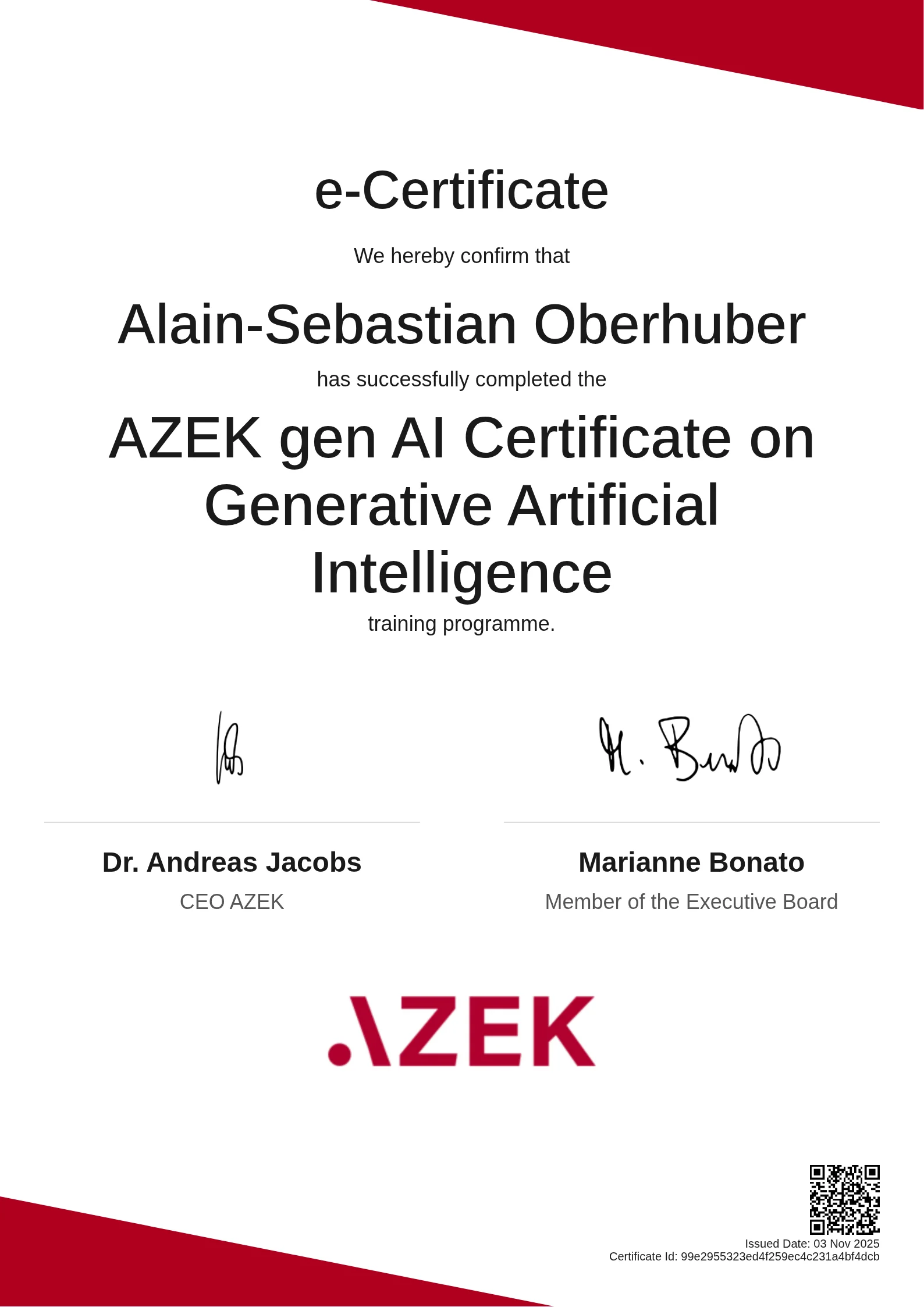 Alain-Sebastian Oberhuber | AZEK gen AI Certificate on Generative Artificial Intelligence