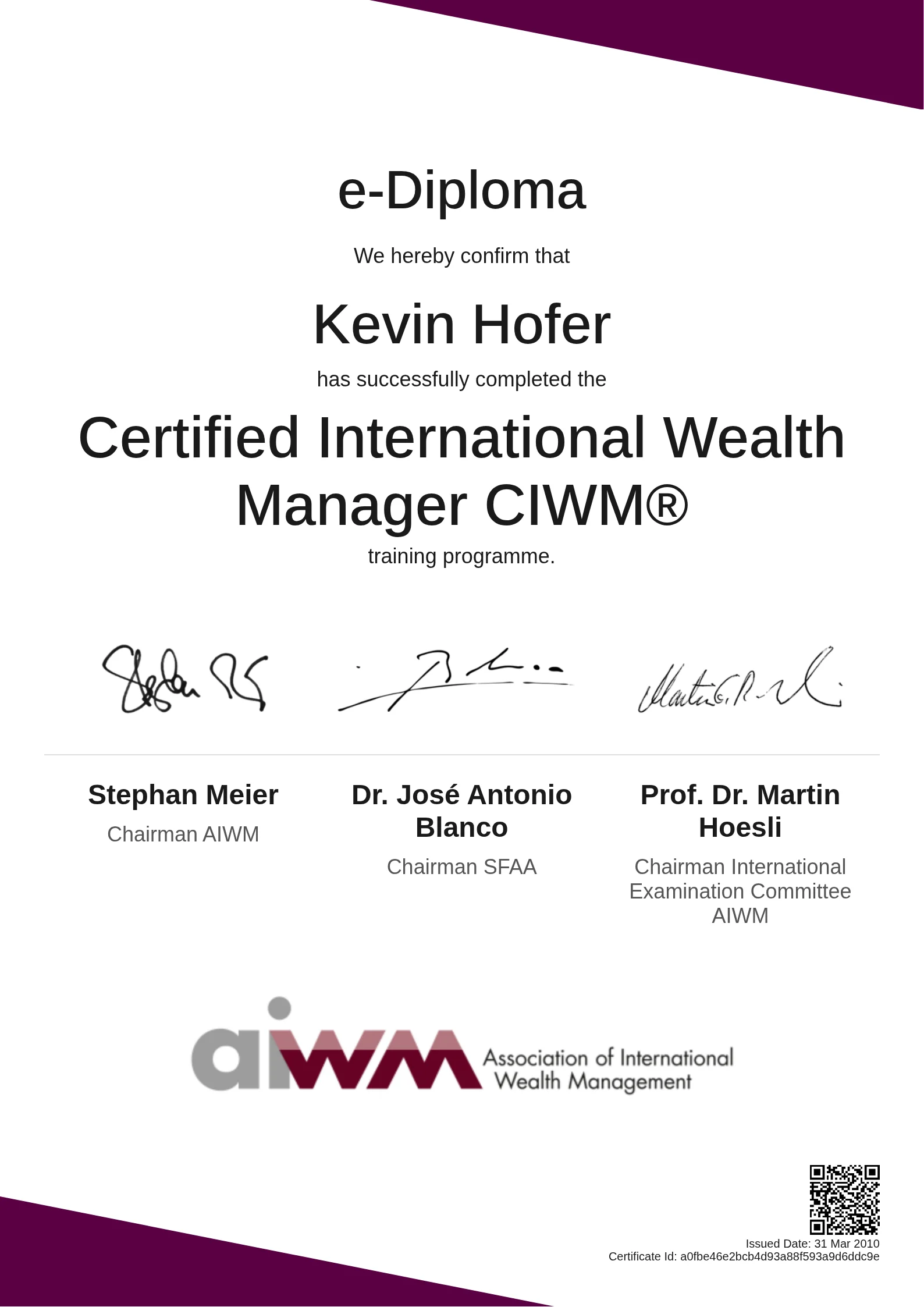  Kevin Hofer | Certified International Wealth Manager CIWM®