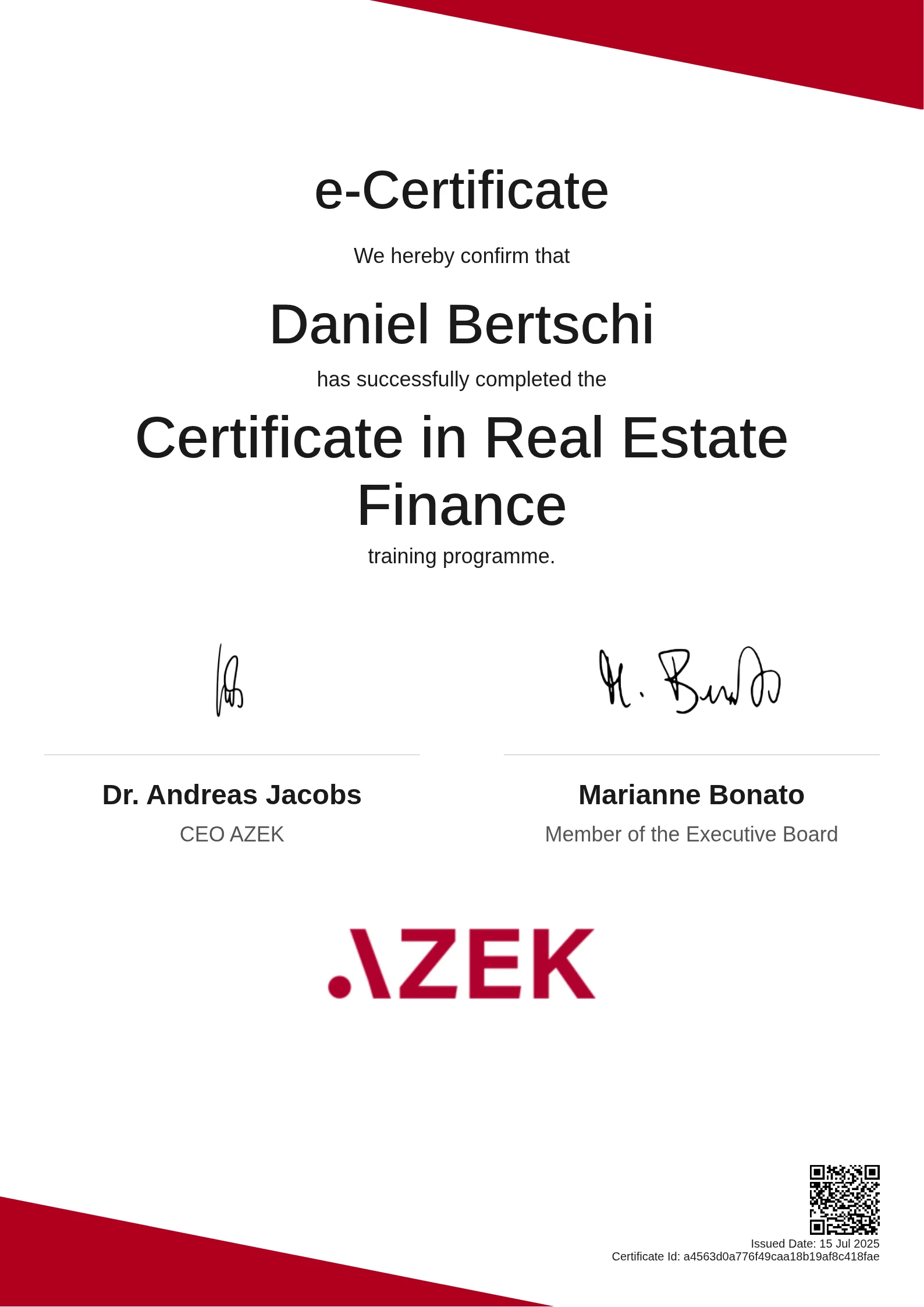  Daniel Bertschi | Certificate in Real Estate Finance