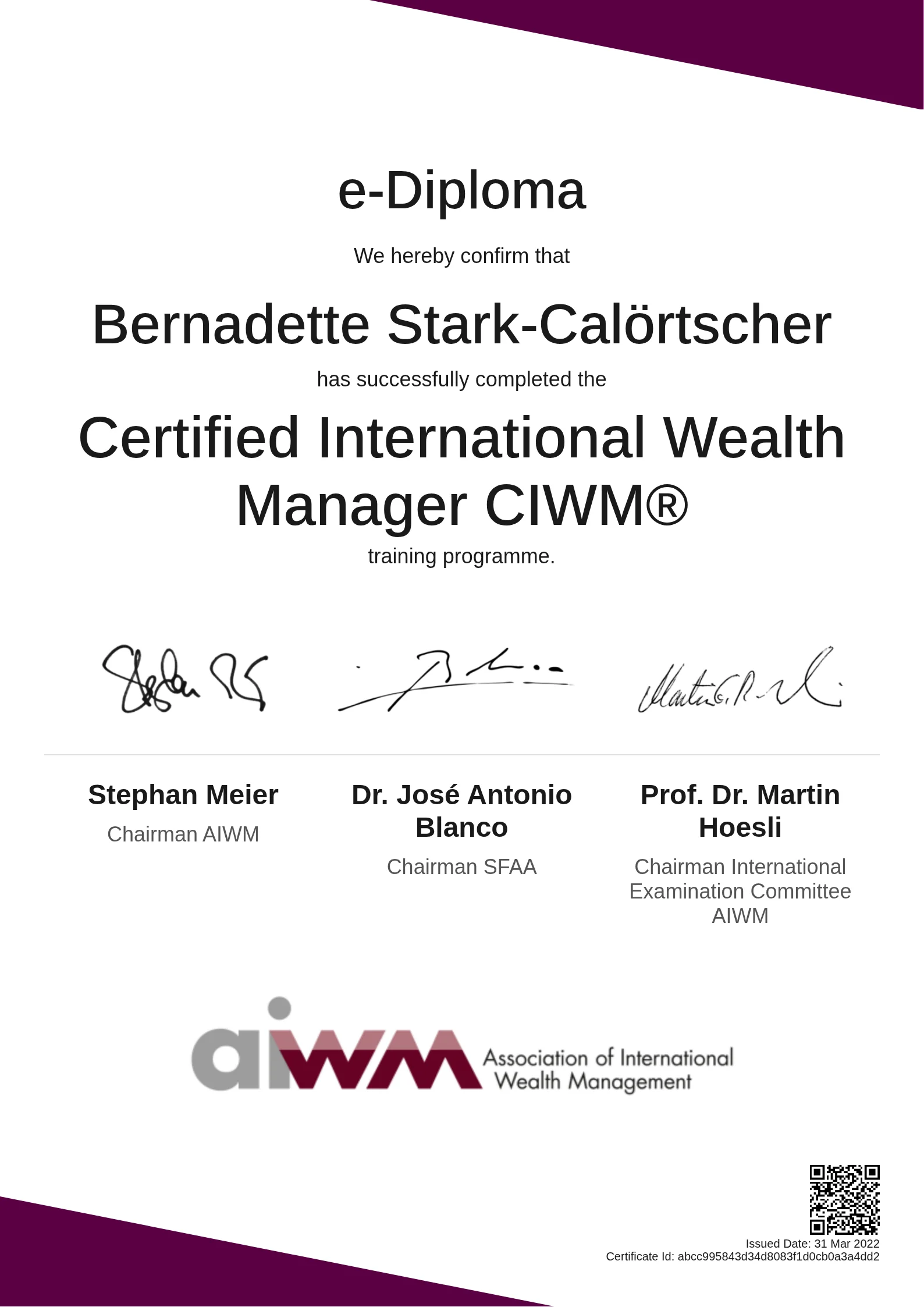  Bernadette Stark-Calörtscher | Certified International Wealth Manager CIWM®