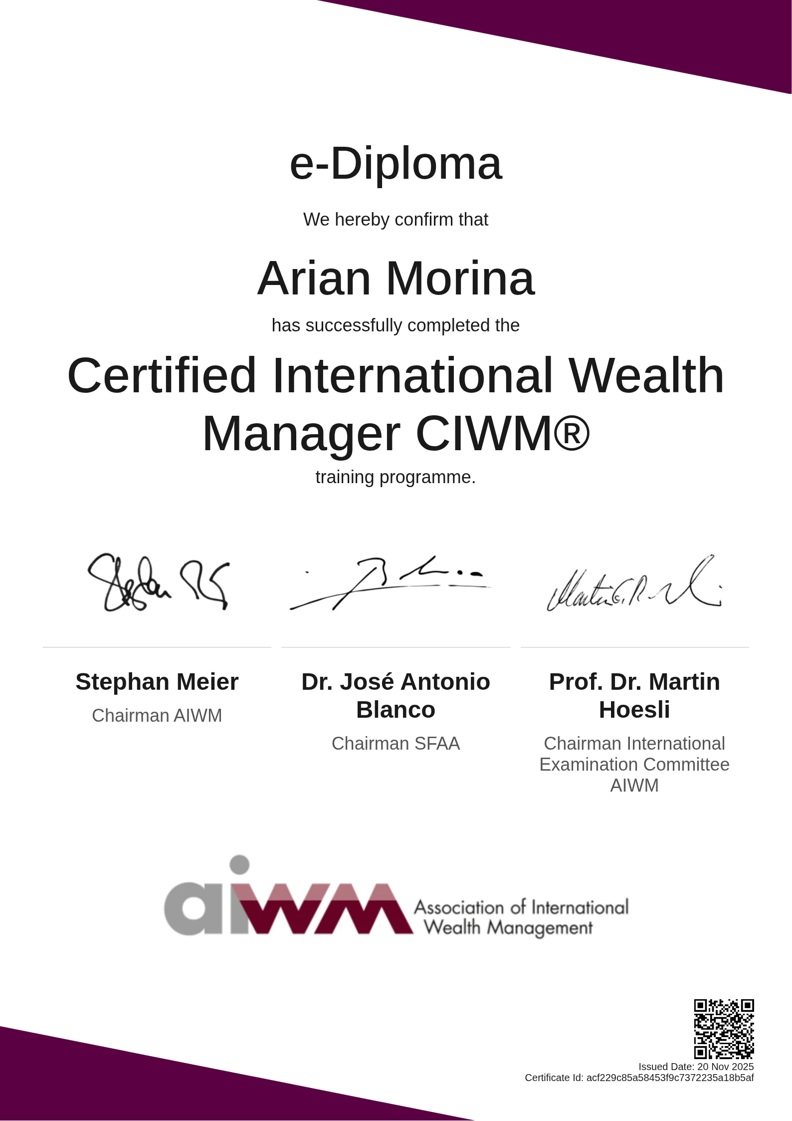 Arian Morina | Certified International Wealth Manager CIWM®