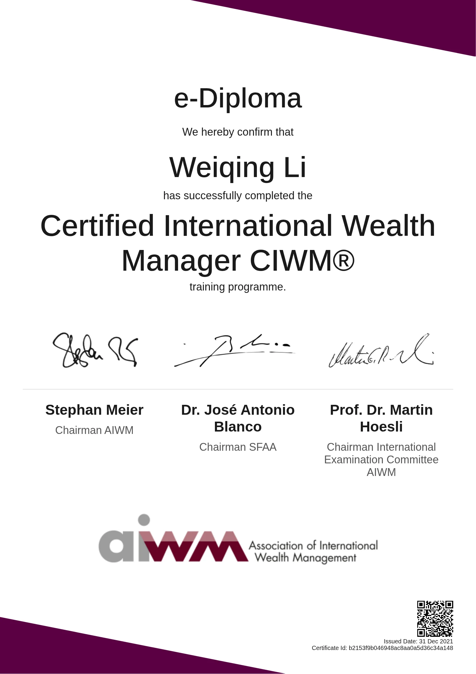  Weiqing Li | Certified International Wealth Manager CIWM®
