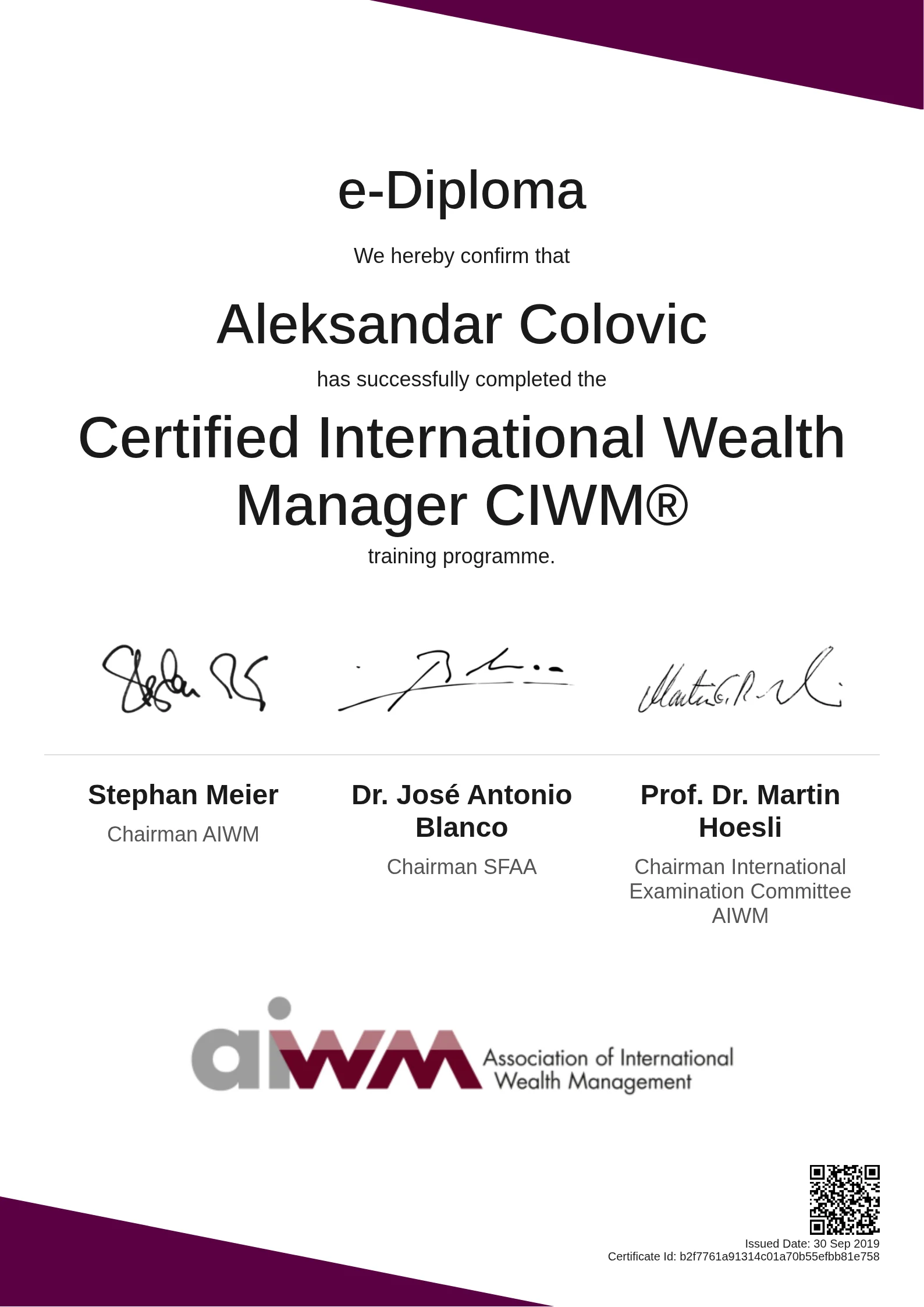  Aleksandar Colovic | Certified International Wealth Manager CIWM®