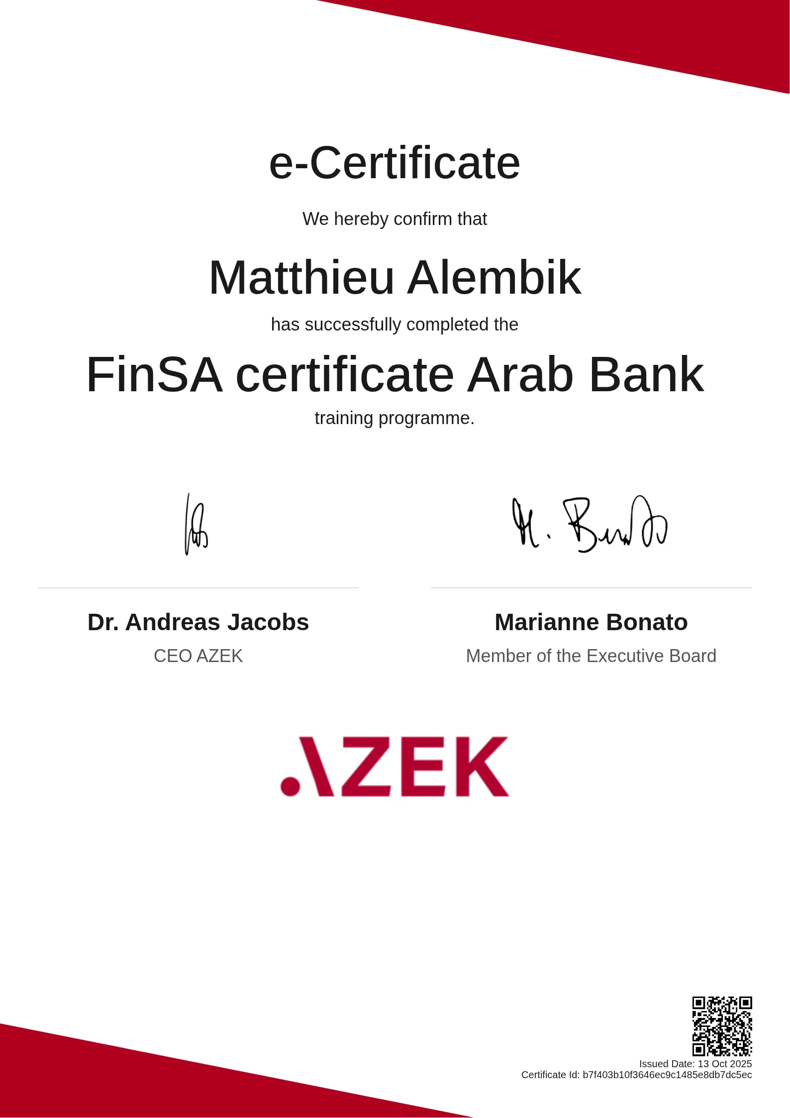 Matthieu Alembik | FinSA certificate Arab Bank