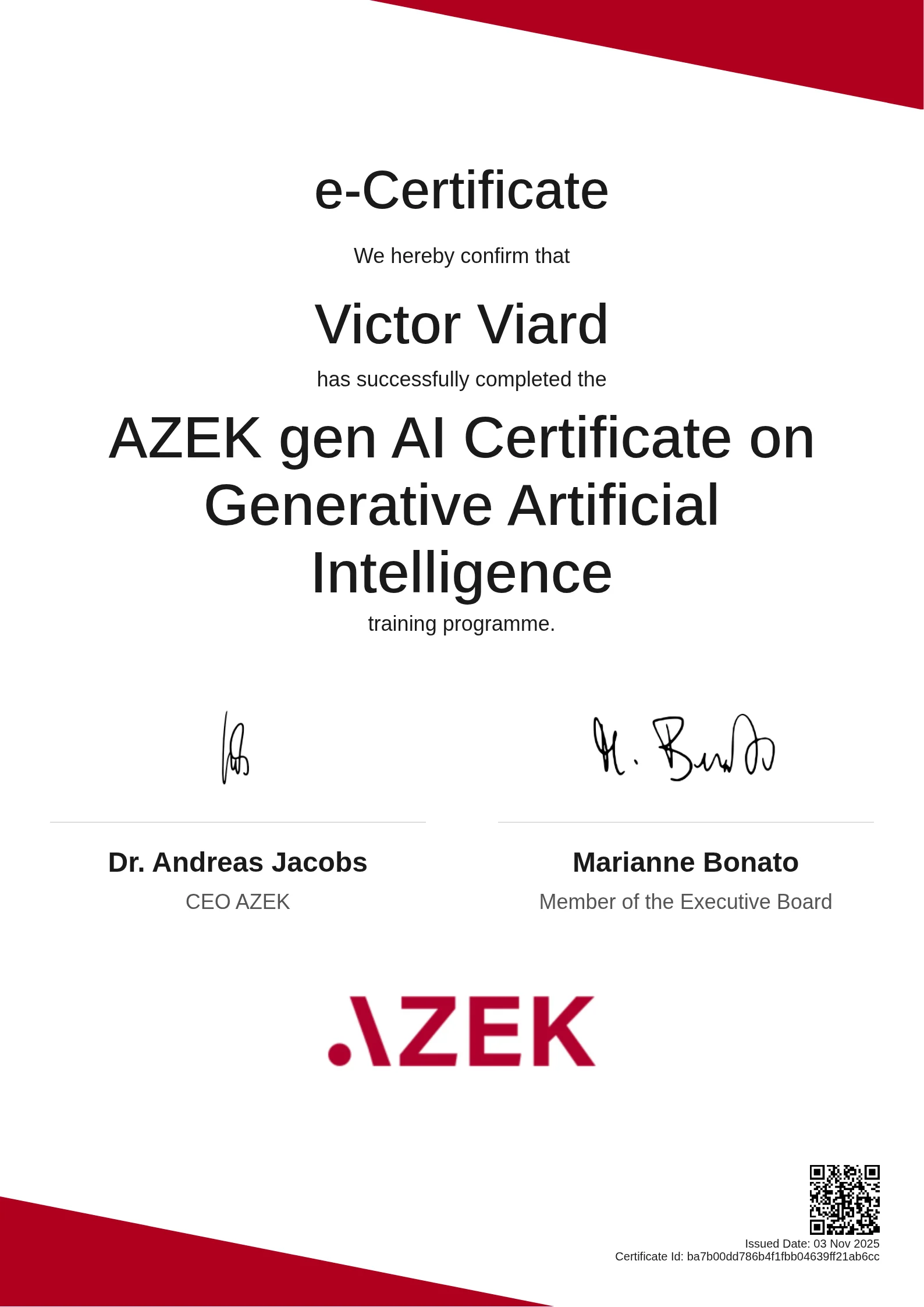 Victor Viard | AZEK gen AI Certificate on Generative Artificial Intelligence