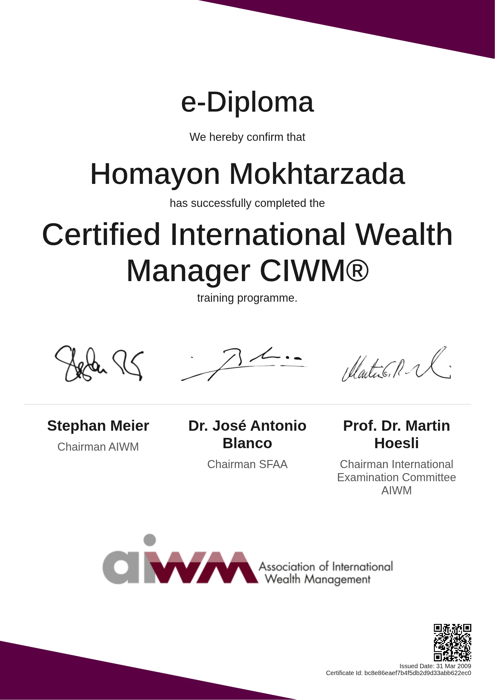  Homayon Mokhtarzada | Certified International Wealth Manager CIWM®