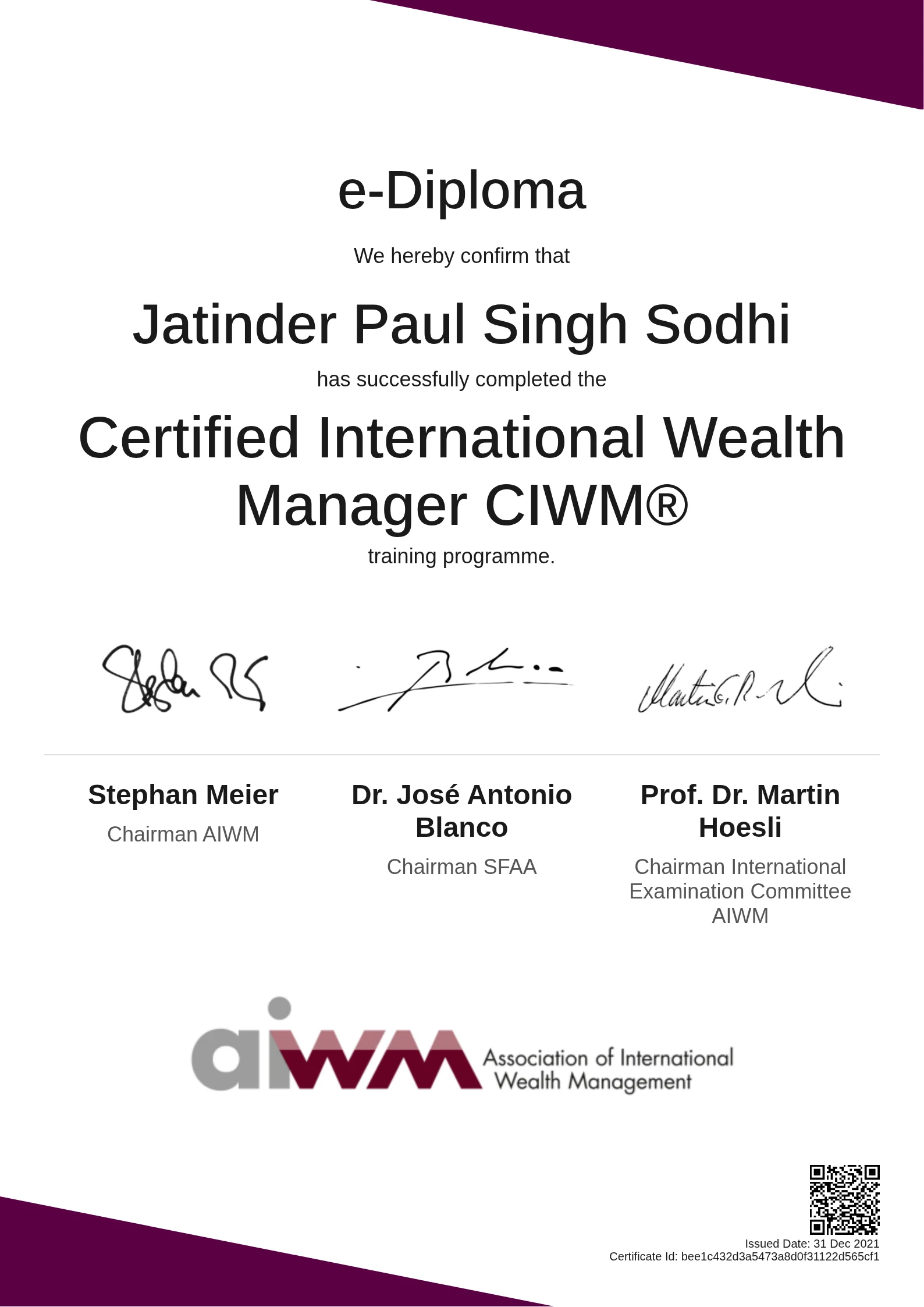  Jatinder Paul Singh Sodhi | Certified International Wealth Manager CIWM®